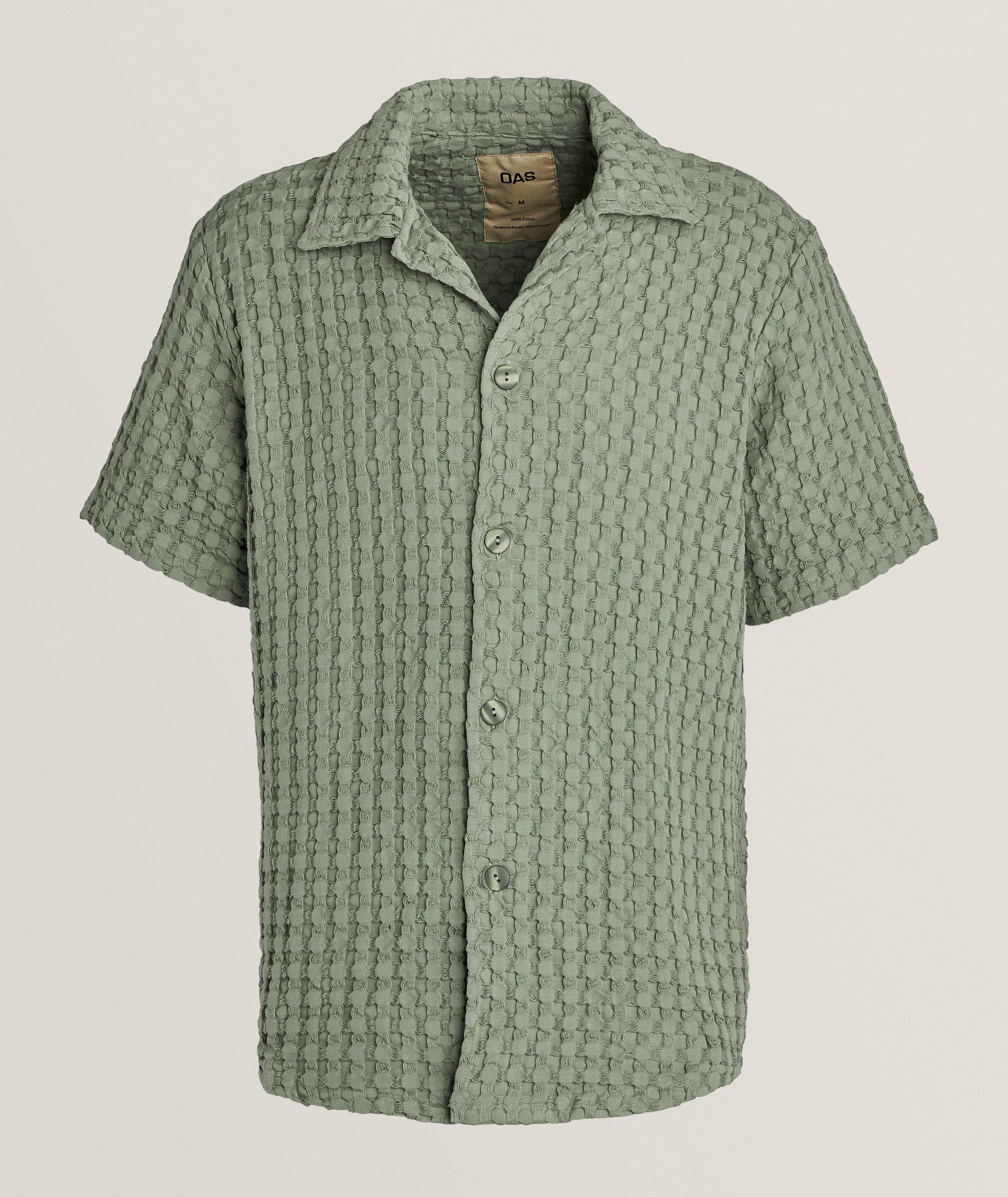 OAS Ecru Waffle-Textured Cotton Cuban Shirt