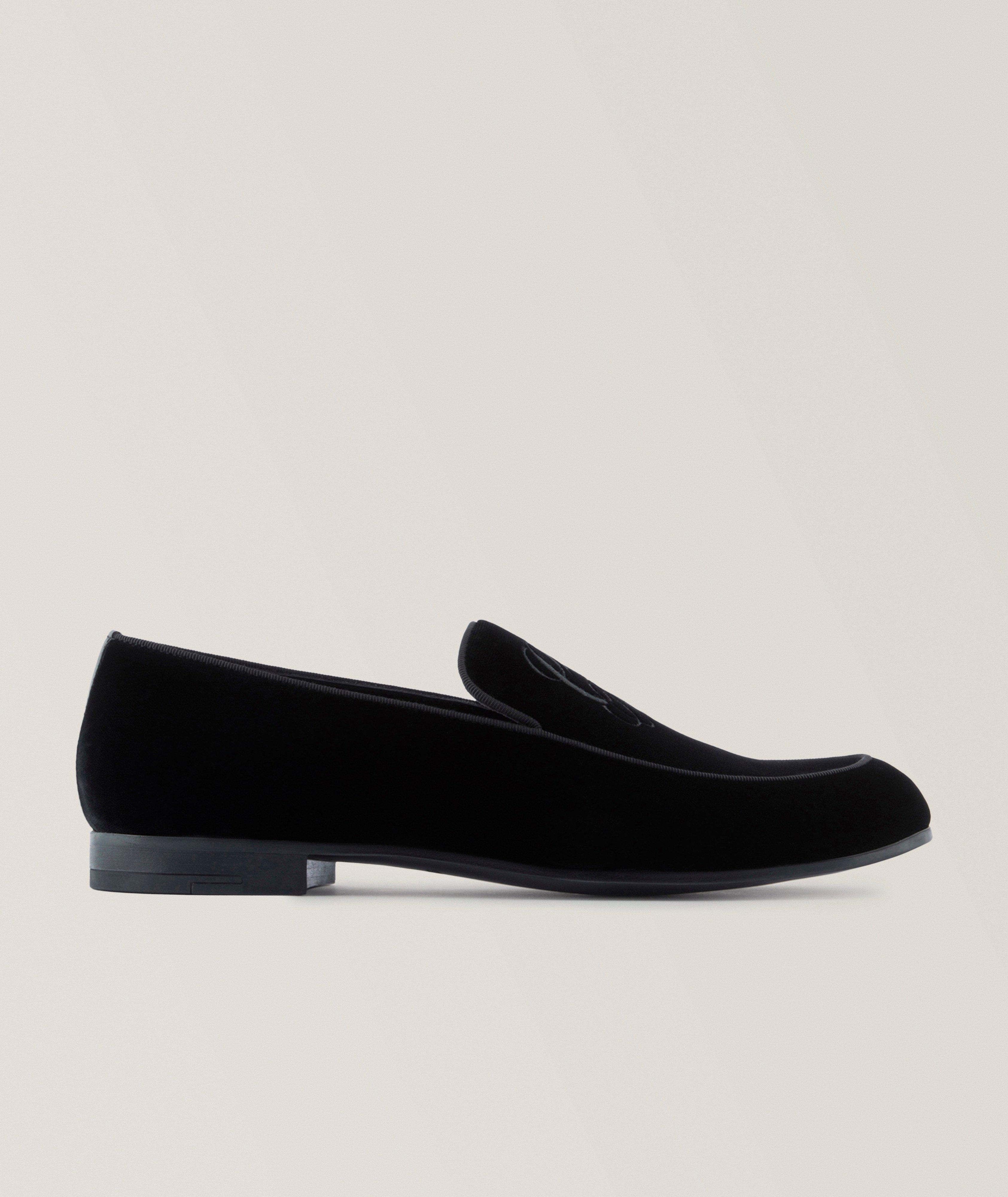 Giorgio Armani Icon Velvet Embroidered Logo Loafers