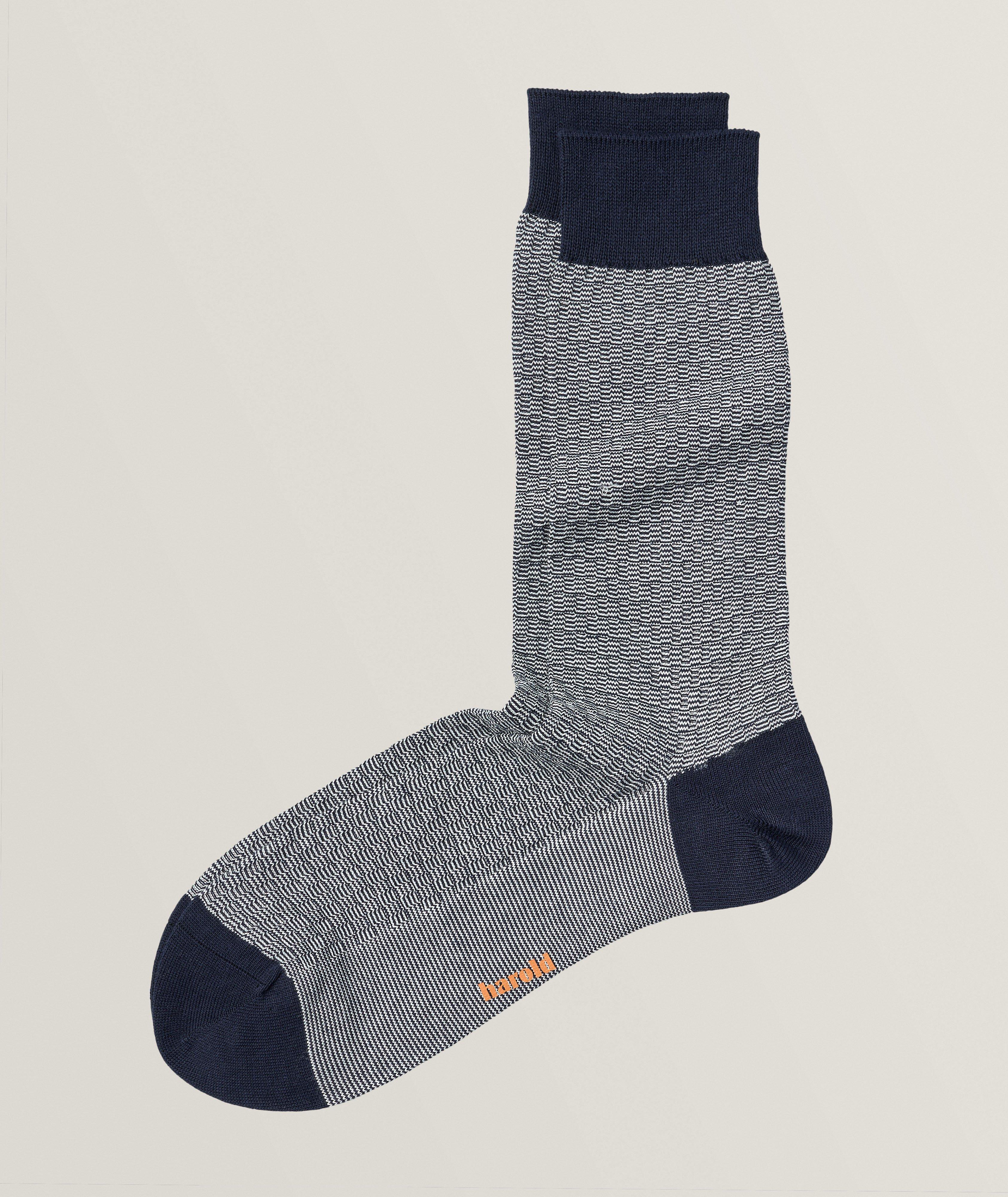 Checkered Basketweave Mercerized Cotton-Nylon Socks