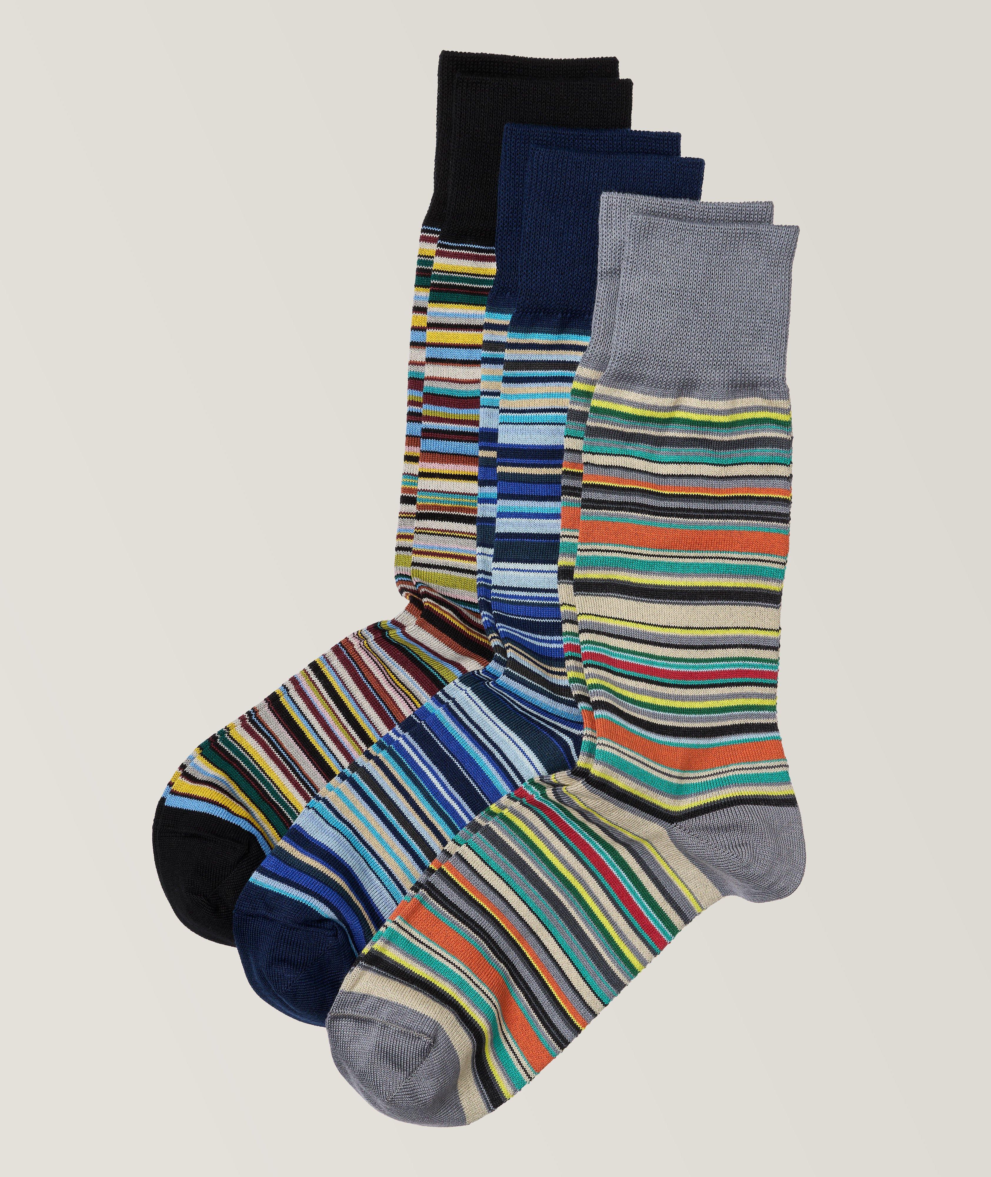 Three-Pack Striped Stretch-Cotton Socks image 0