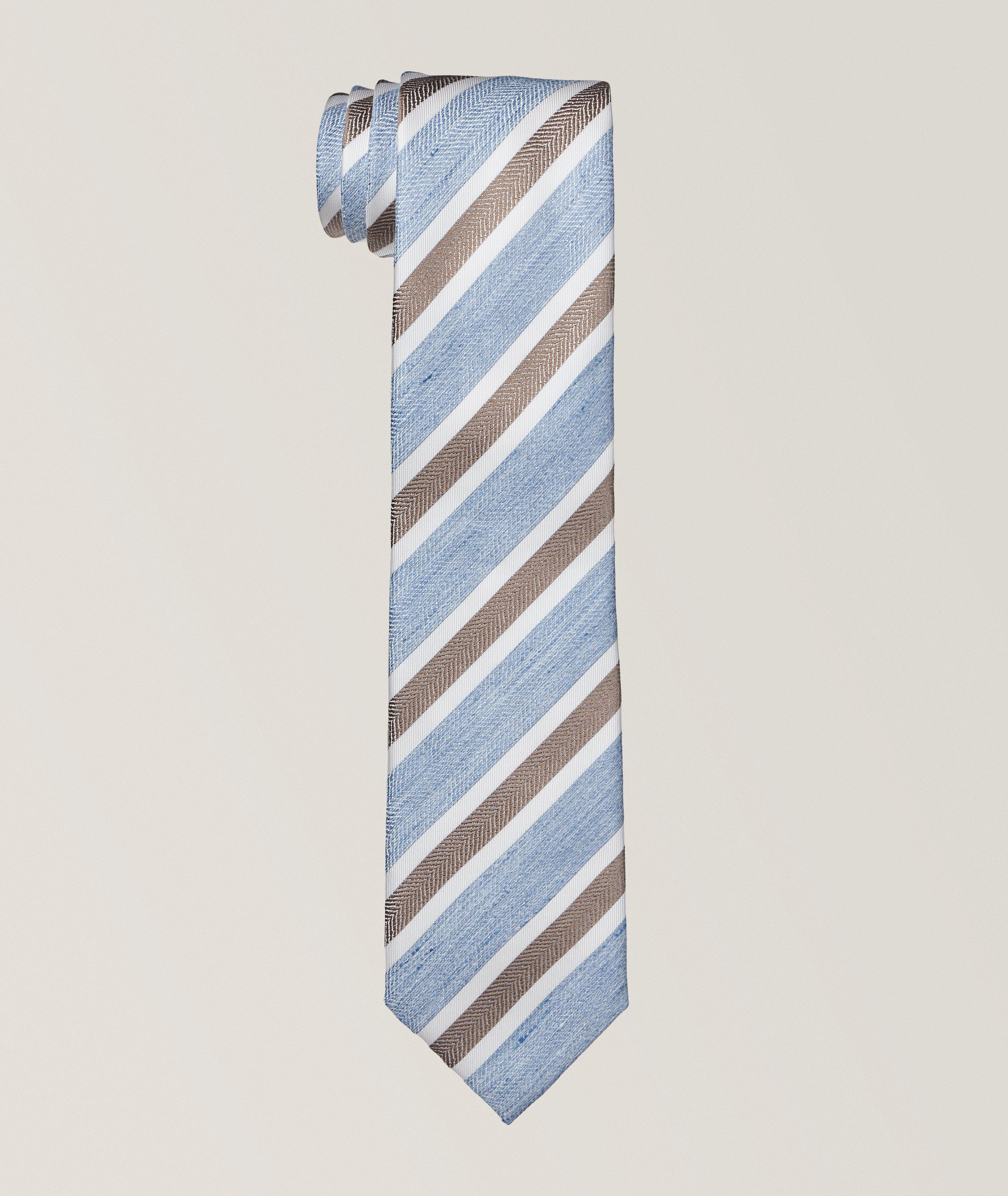 Cravate en soie et en lin à rayures diagonales image 0