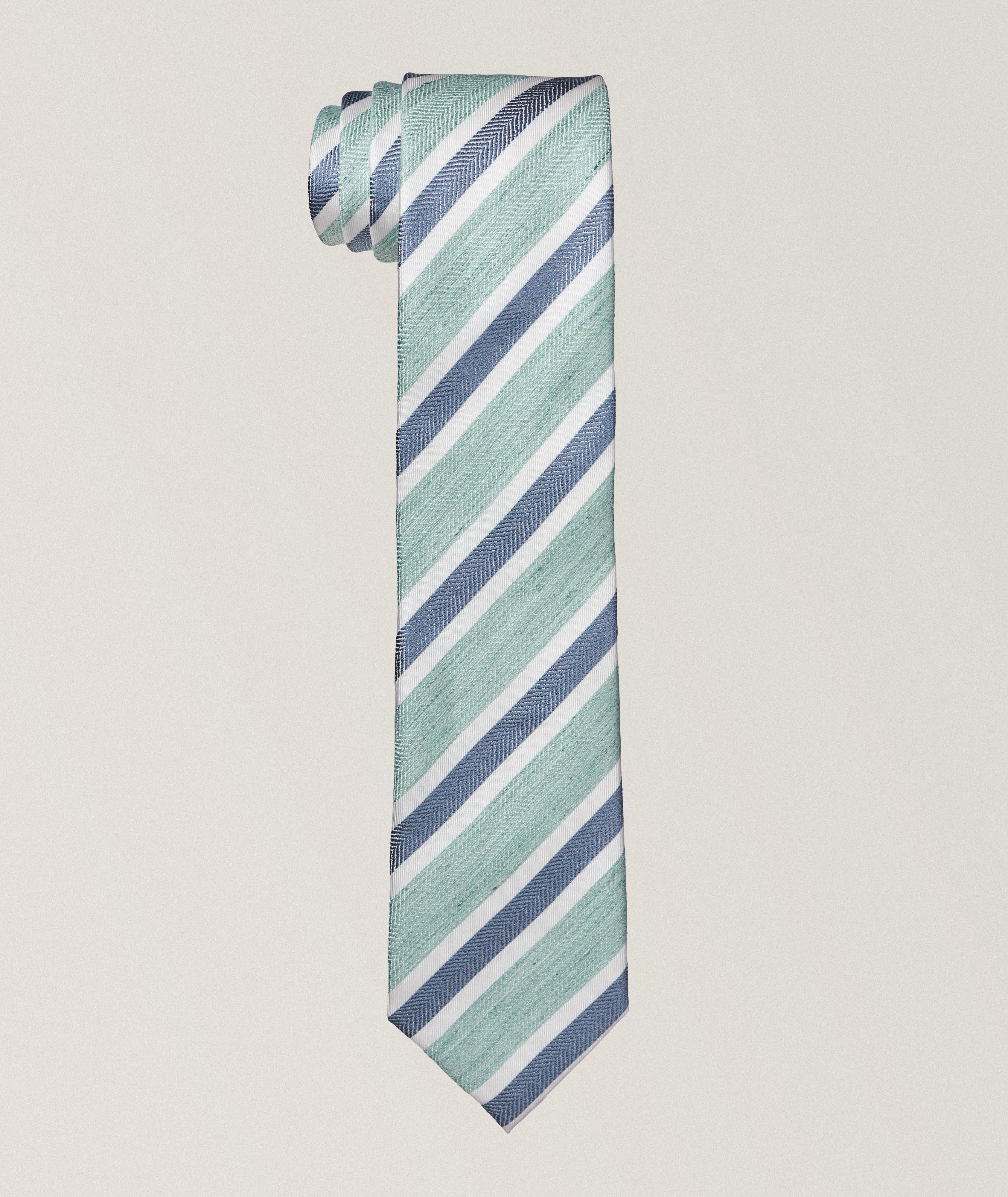 Cravate en soie et en lin à rayures diagonales image 0