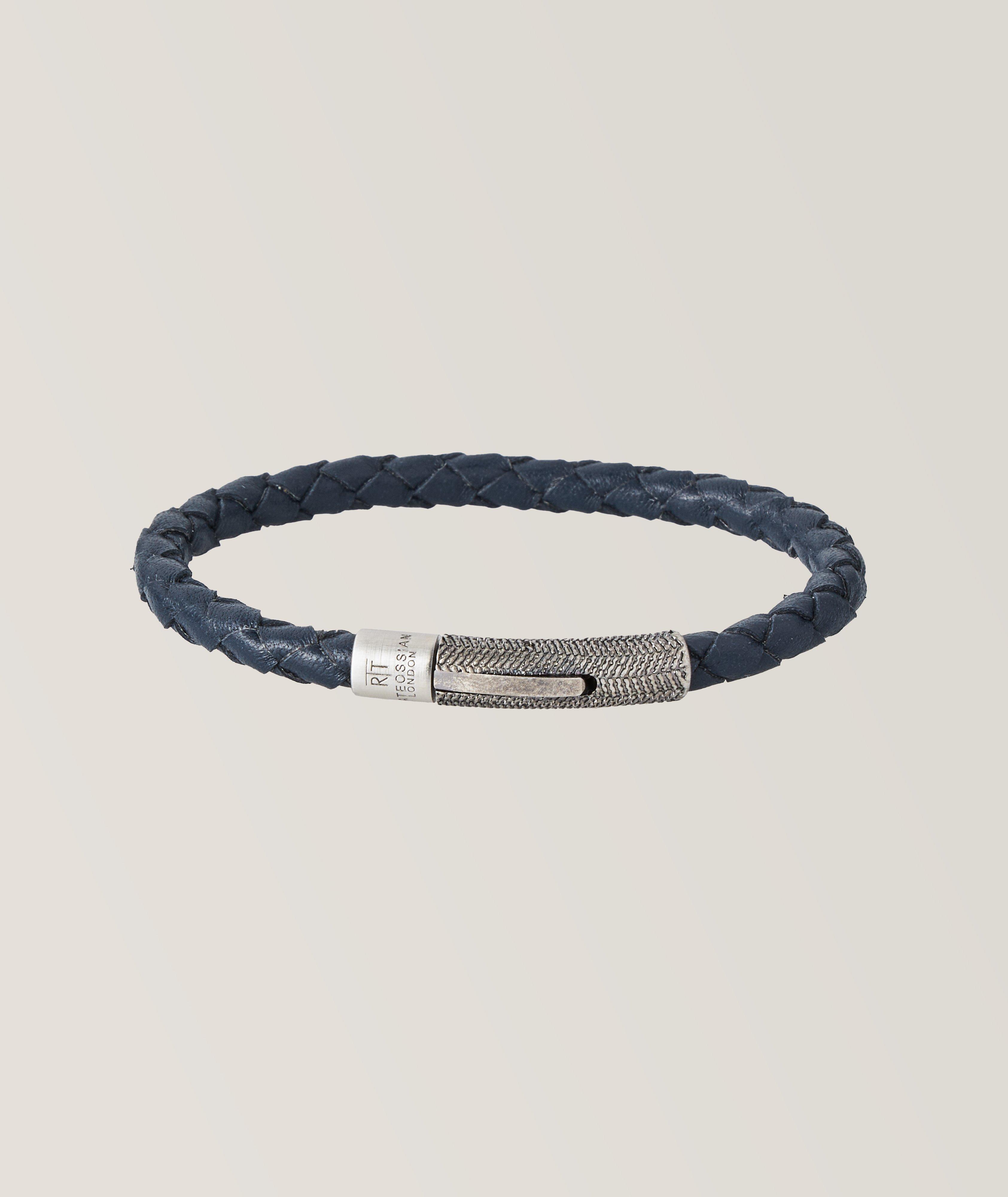 Tateossian Herringbone Leather Bracelet in Blue | Size Large