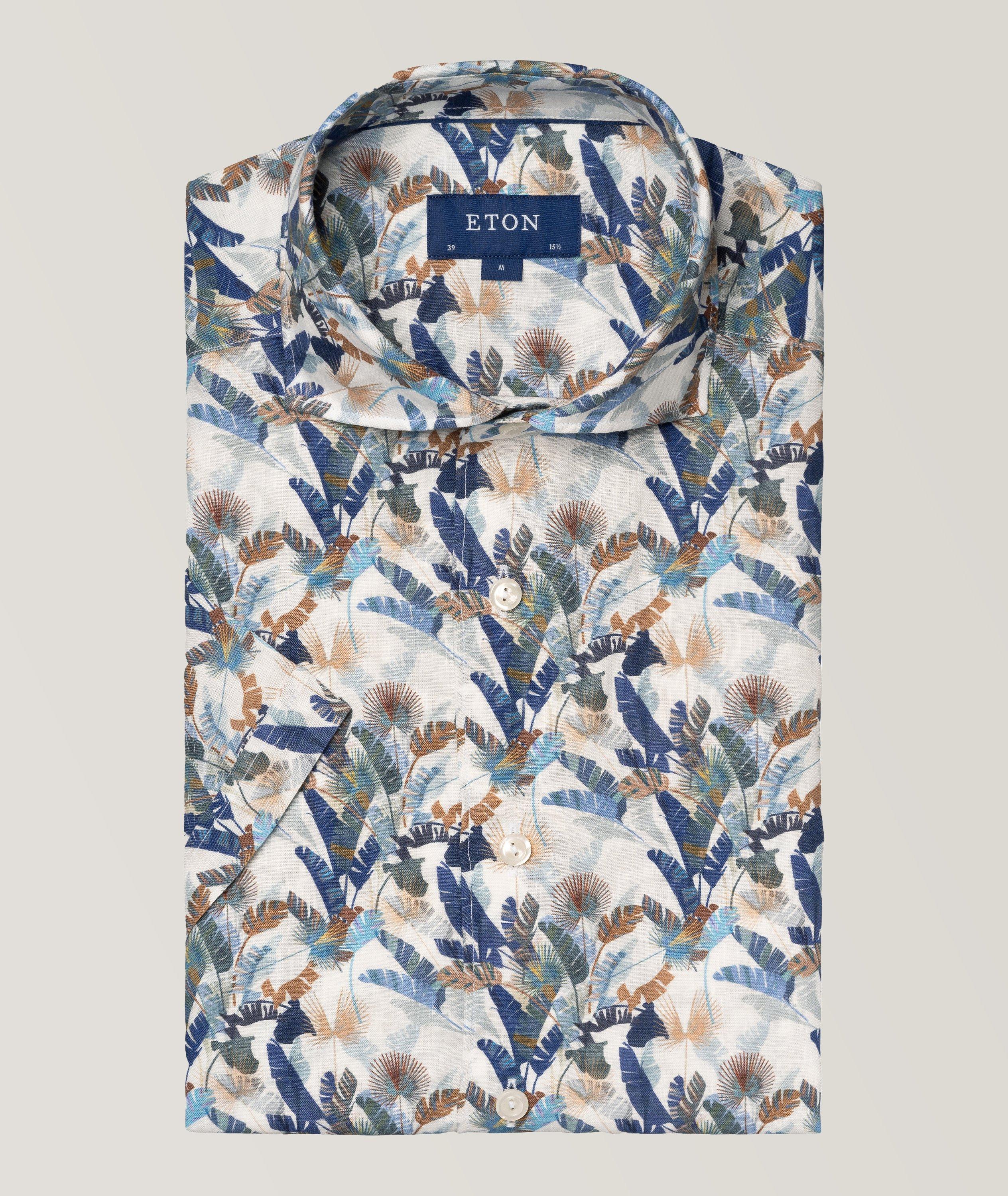 Slim-Fit Palm Print Linen Short Sleeve Shirt image 0