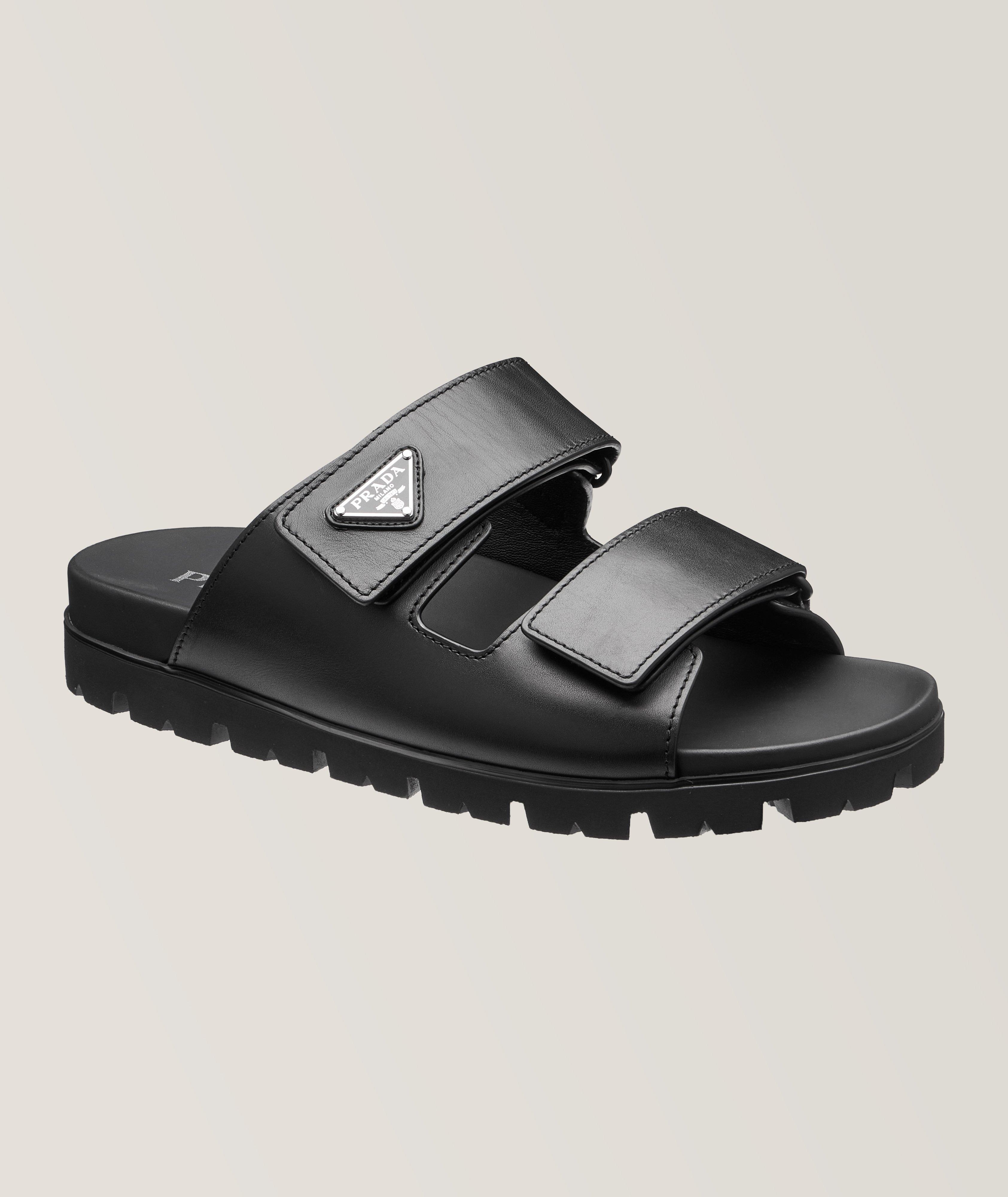 Prada Triangle Plaque Leather Double Strap Sandals  