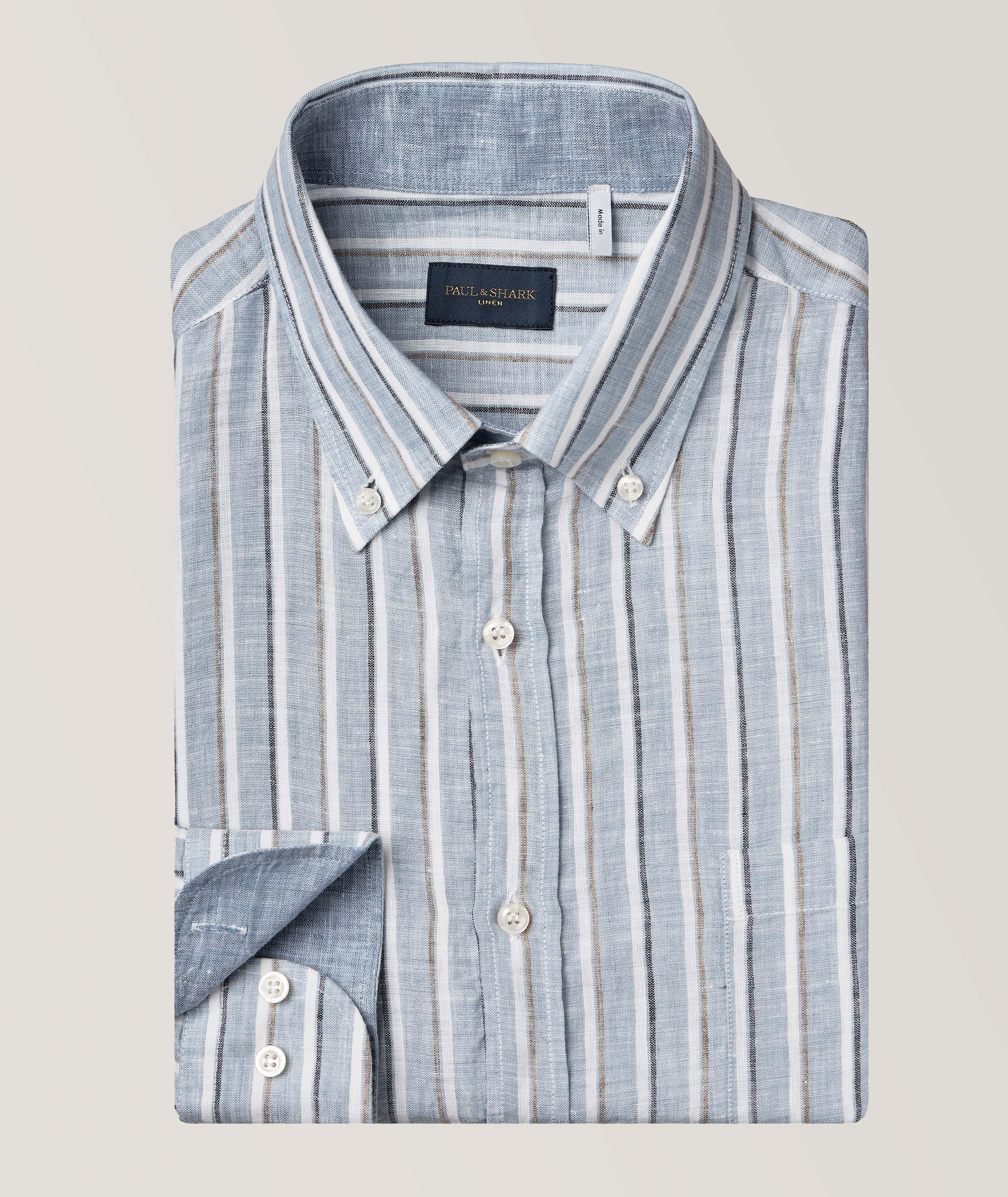 Striped Button-Down Collar Linen Sport Shirt