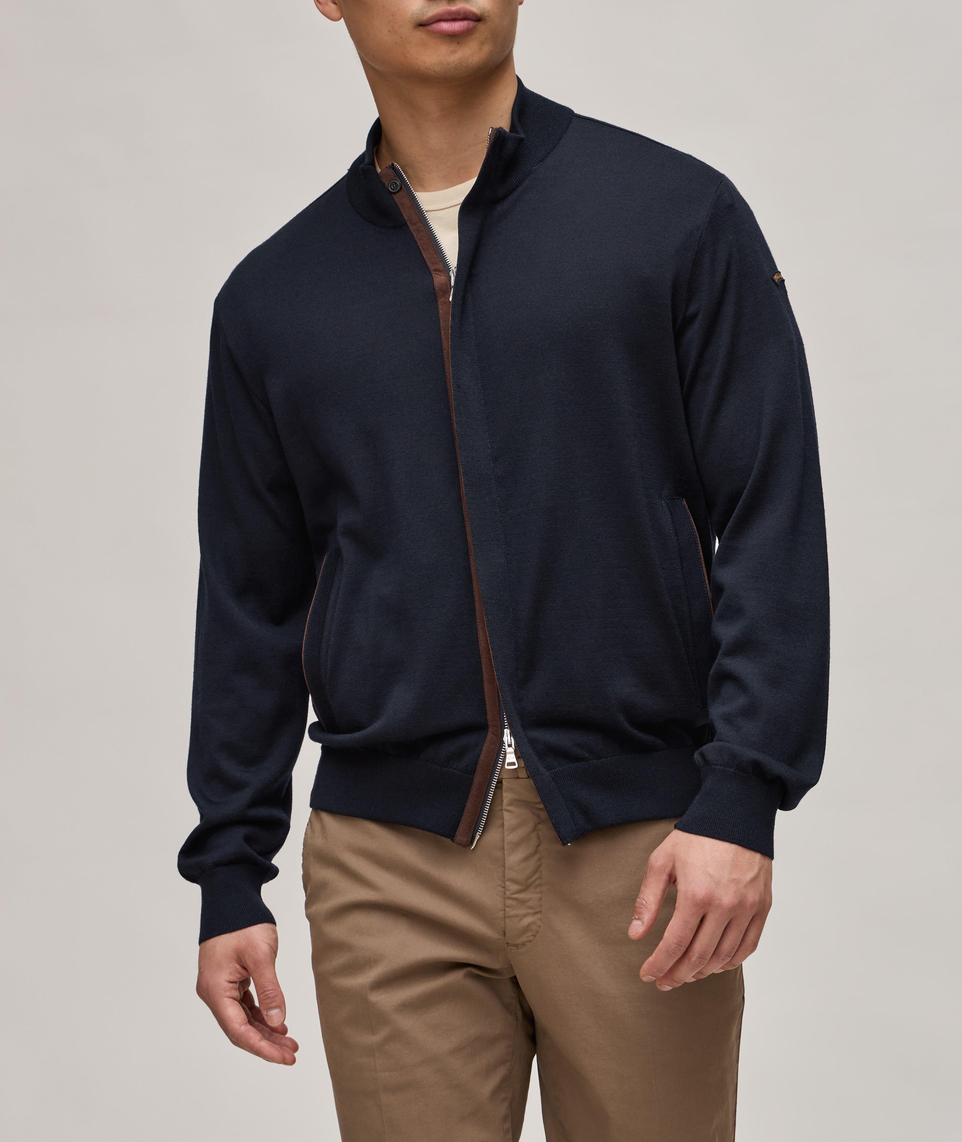 Full-Zip Suede Trim Summer Wool Sweater image 1