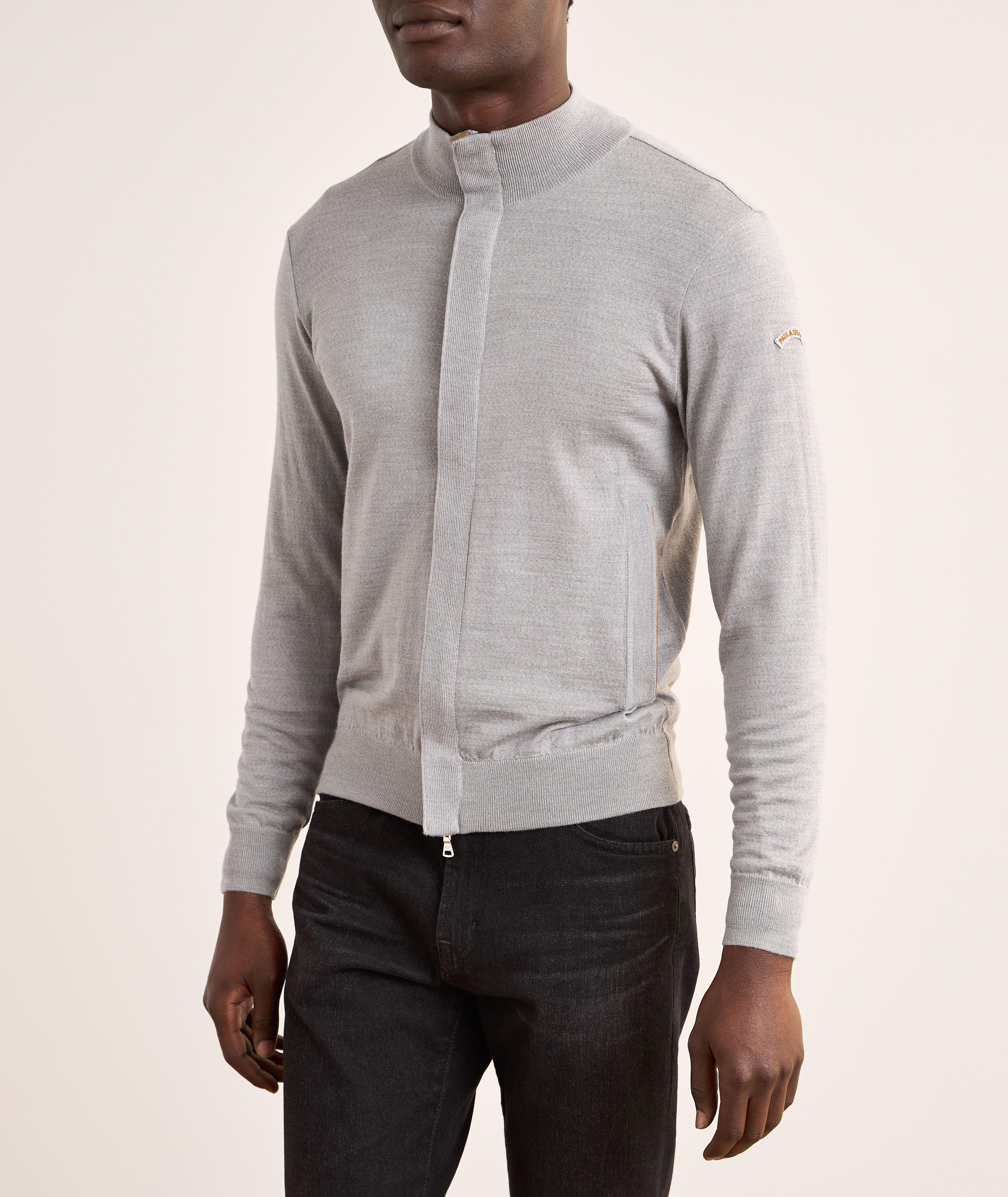 Full-Zip Suede Trim Summer Wool Sweater image 5