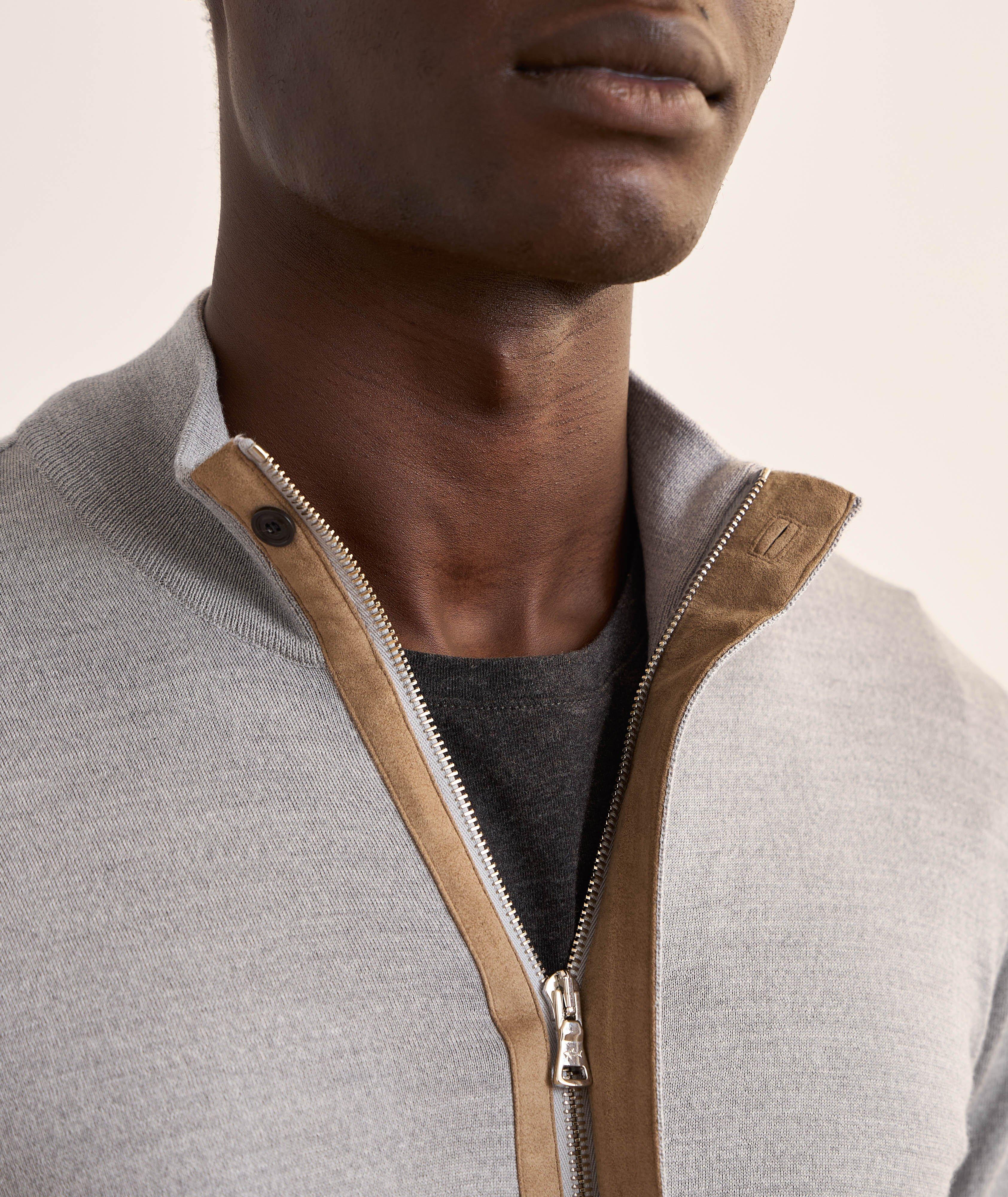 Full-Zip Suede Trim Summer Wool Sweater image 8