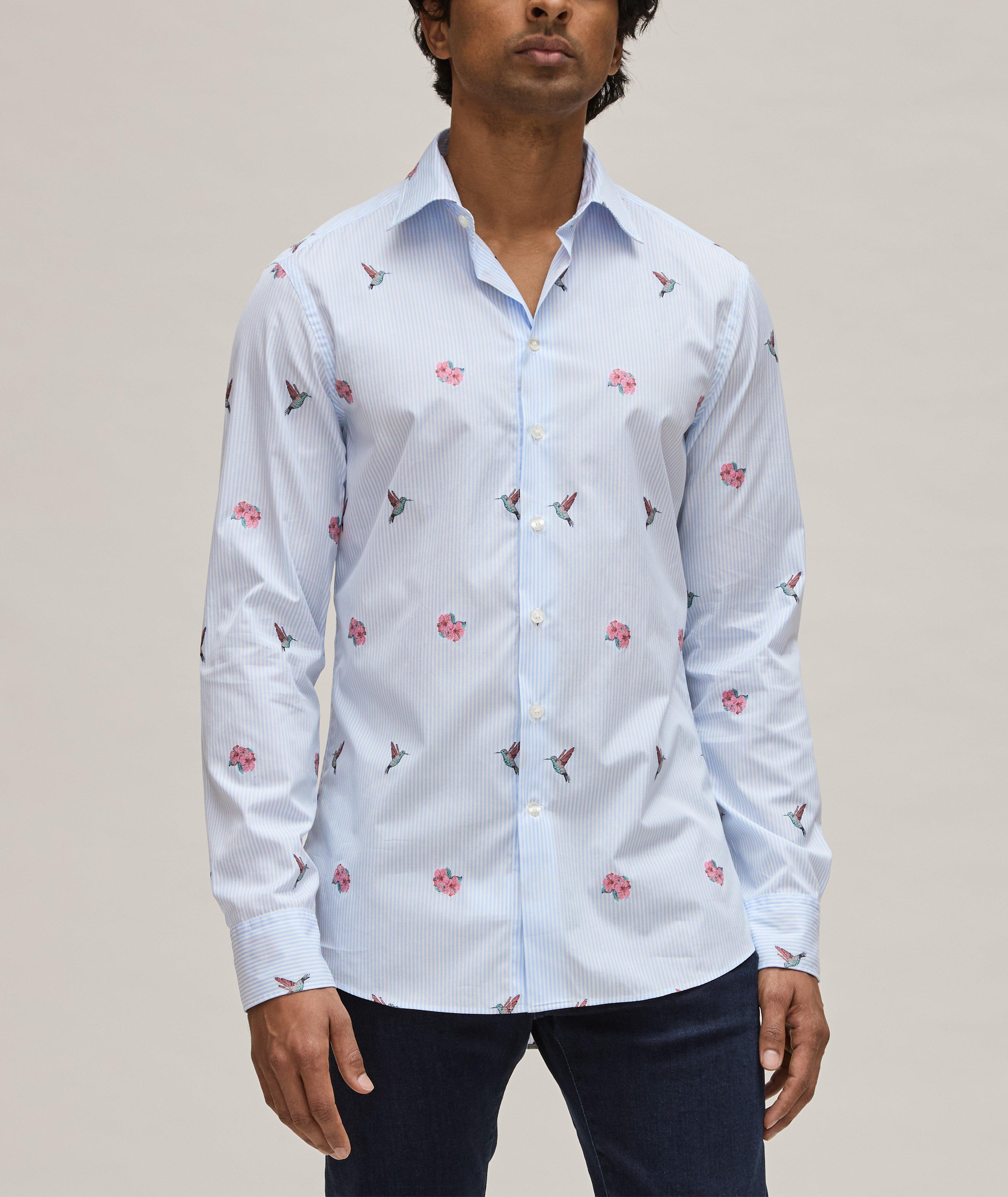 Chemise décontractée à rayures et à motif d’oiseaux image 1