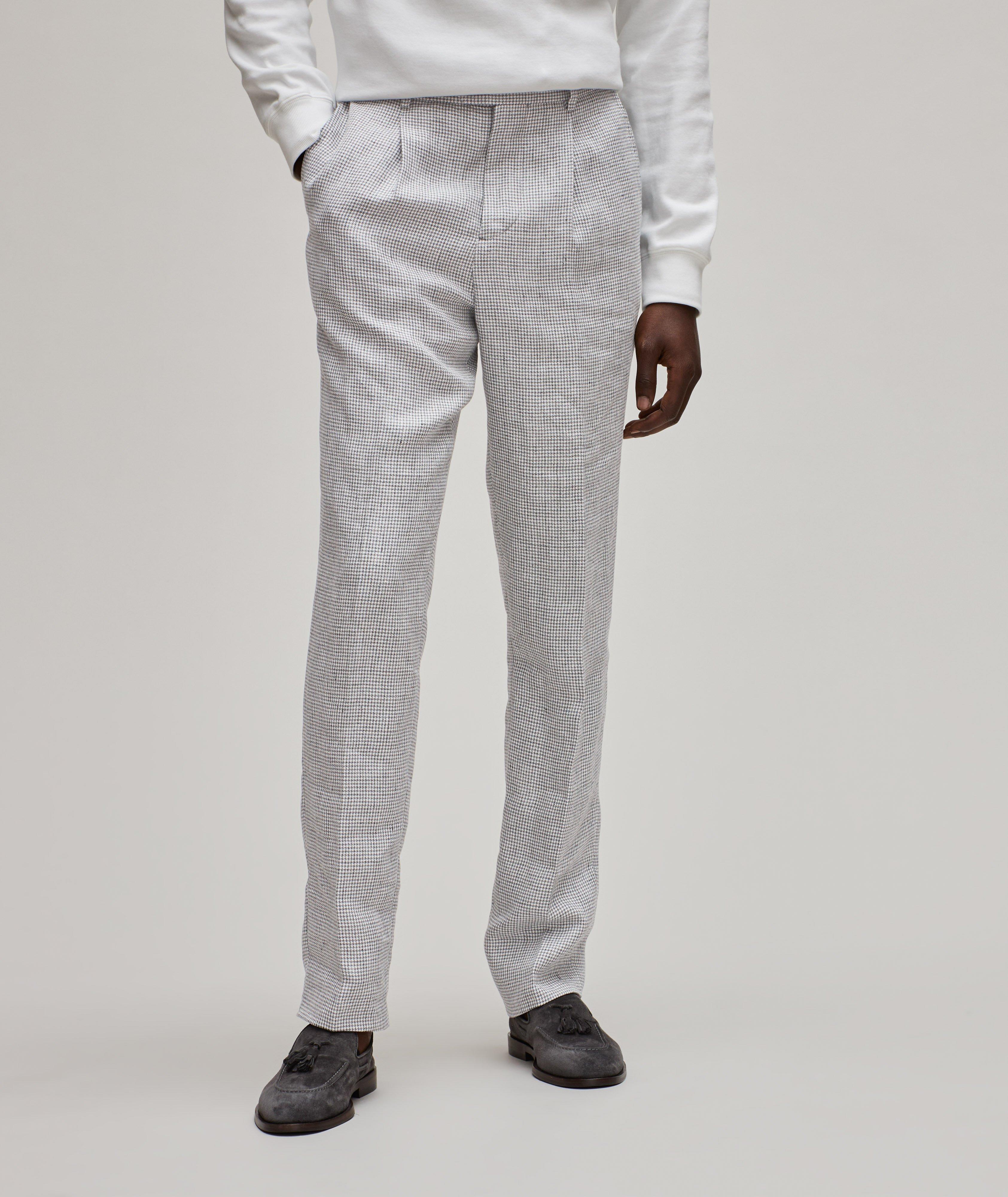 Pleated Houndstooth Linen Dress Pants