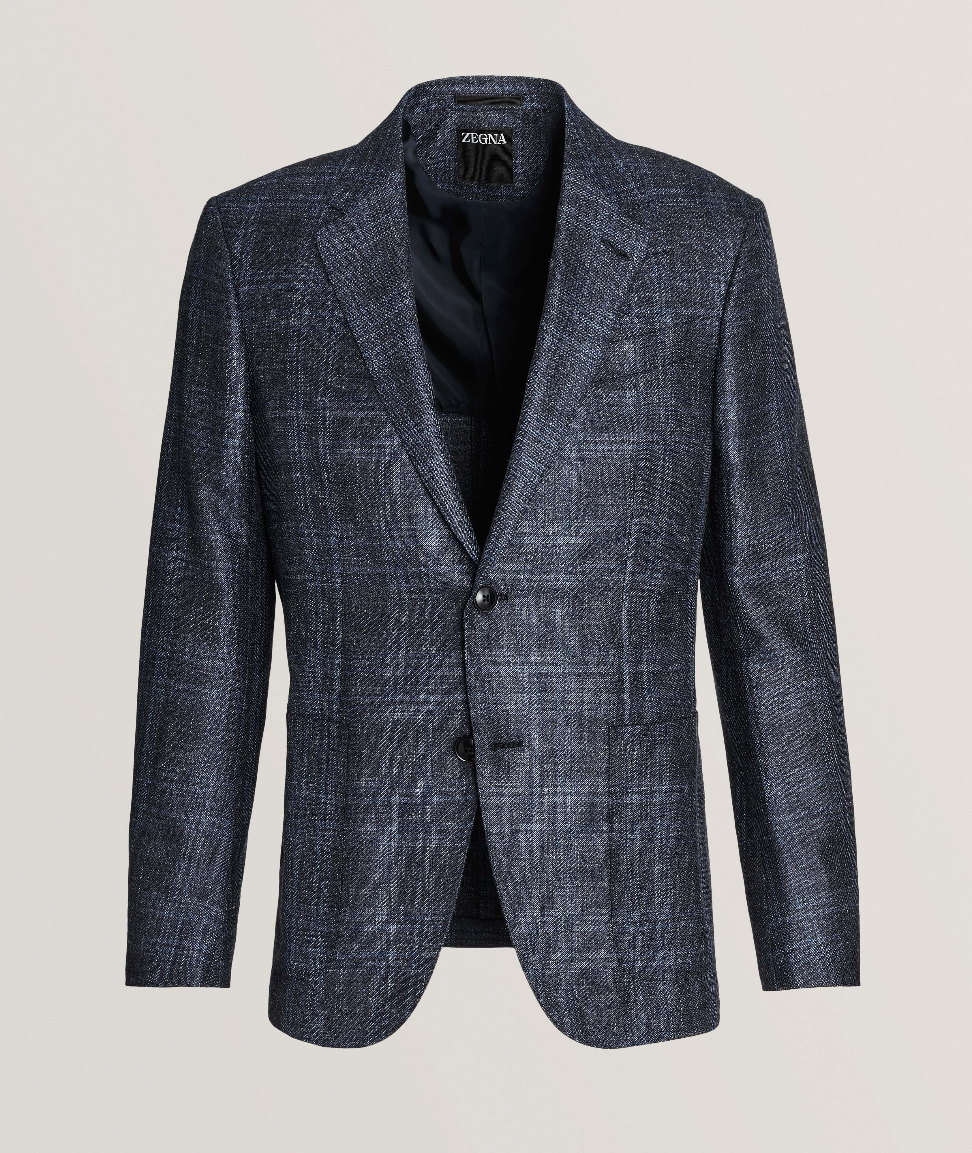 Natural Plaid Textured Wool, Silk & Linen Sport Jacket