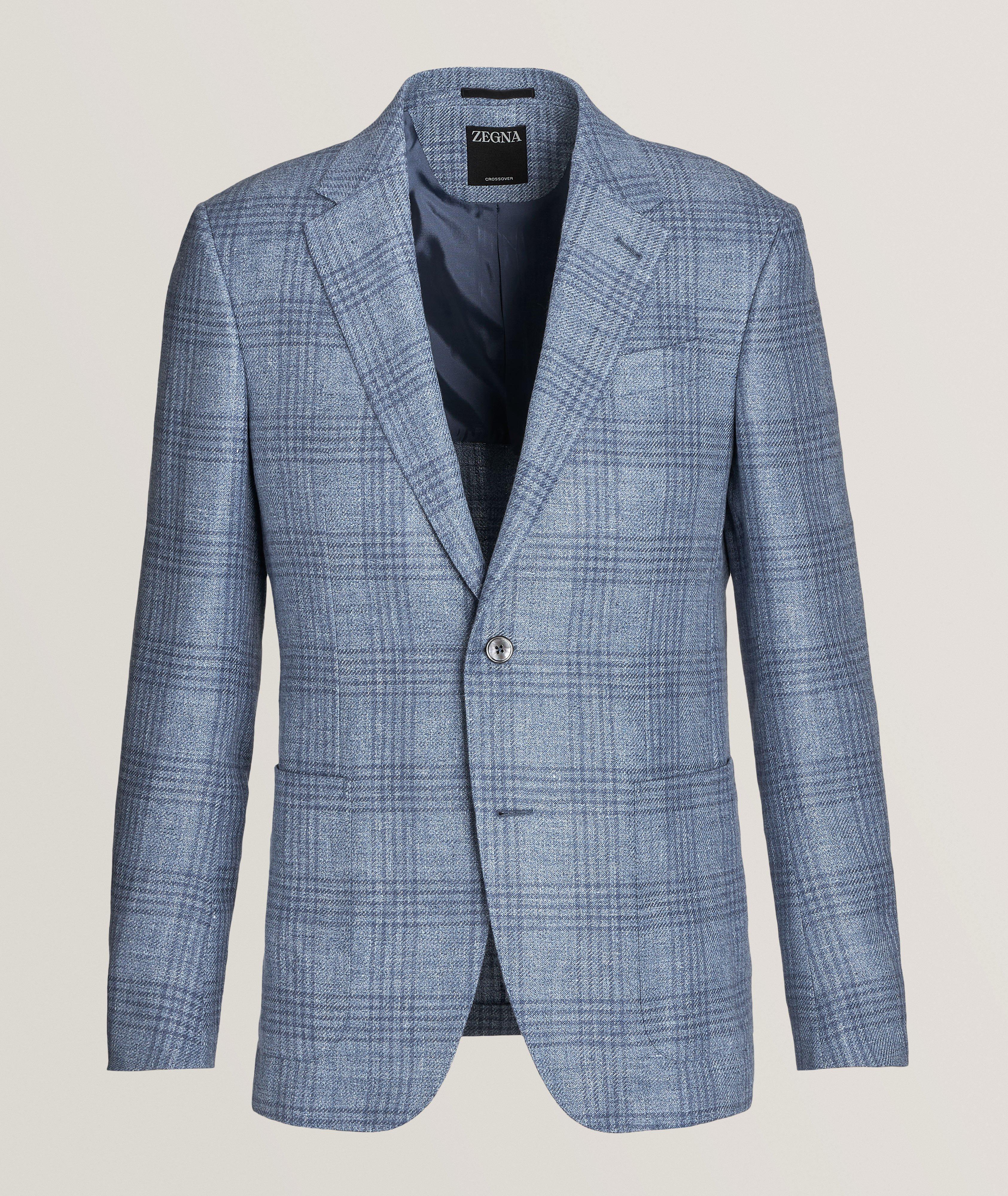 Crossover Windowpane Textured Linen, Wool & Silk Sport Jacket