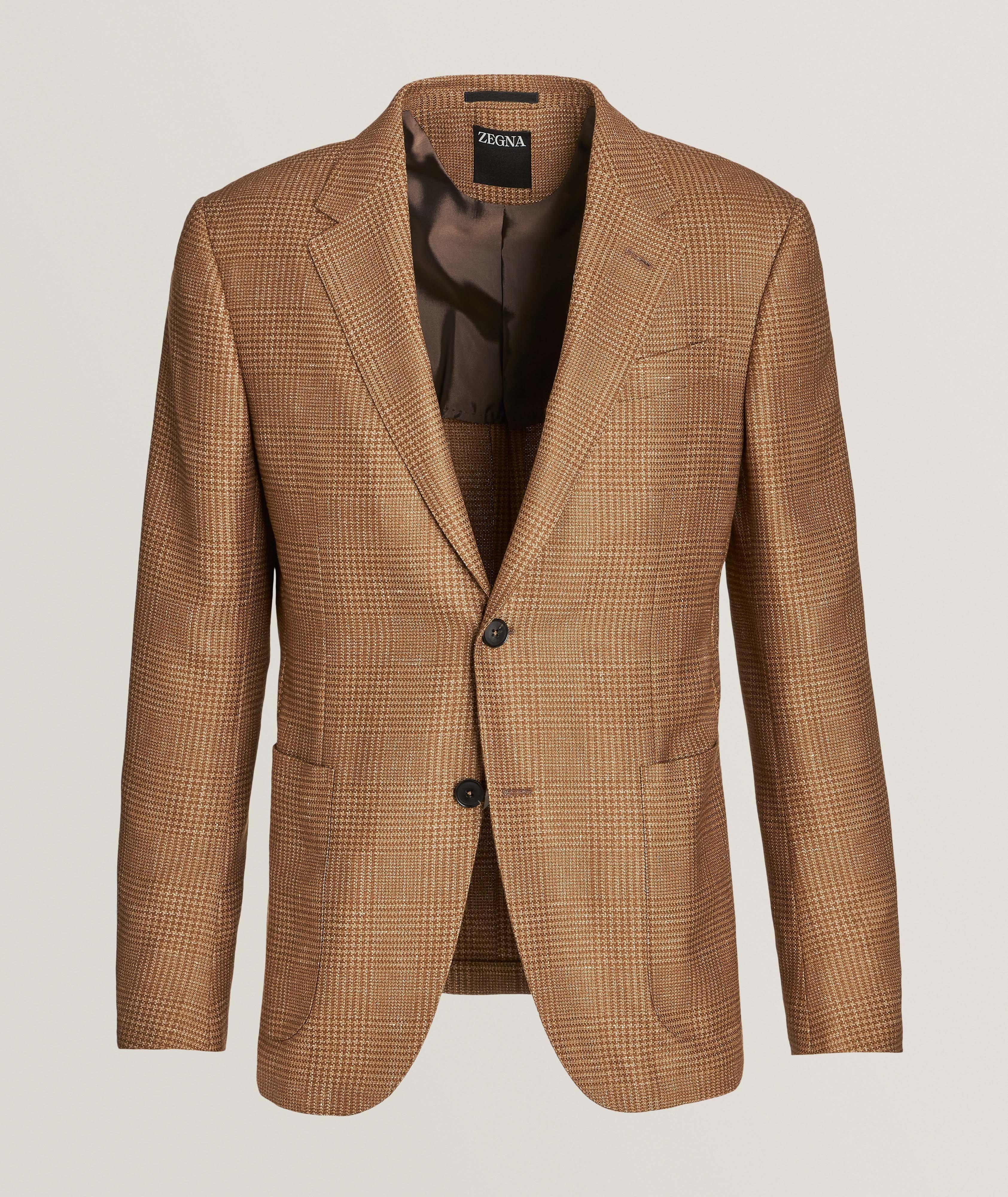 Zegna Natural Prince of Wales Textured Cashmere, Silk & Linen Sport Jacket