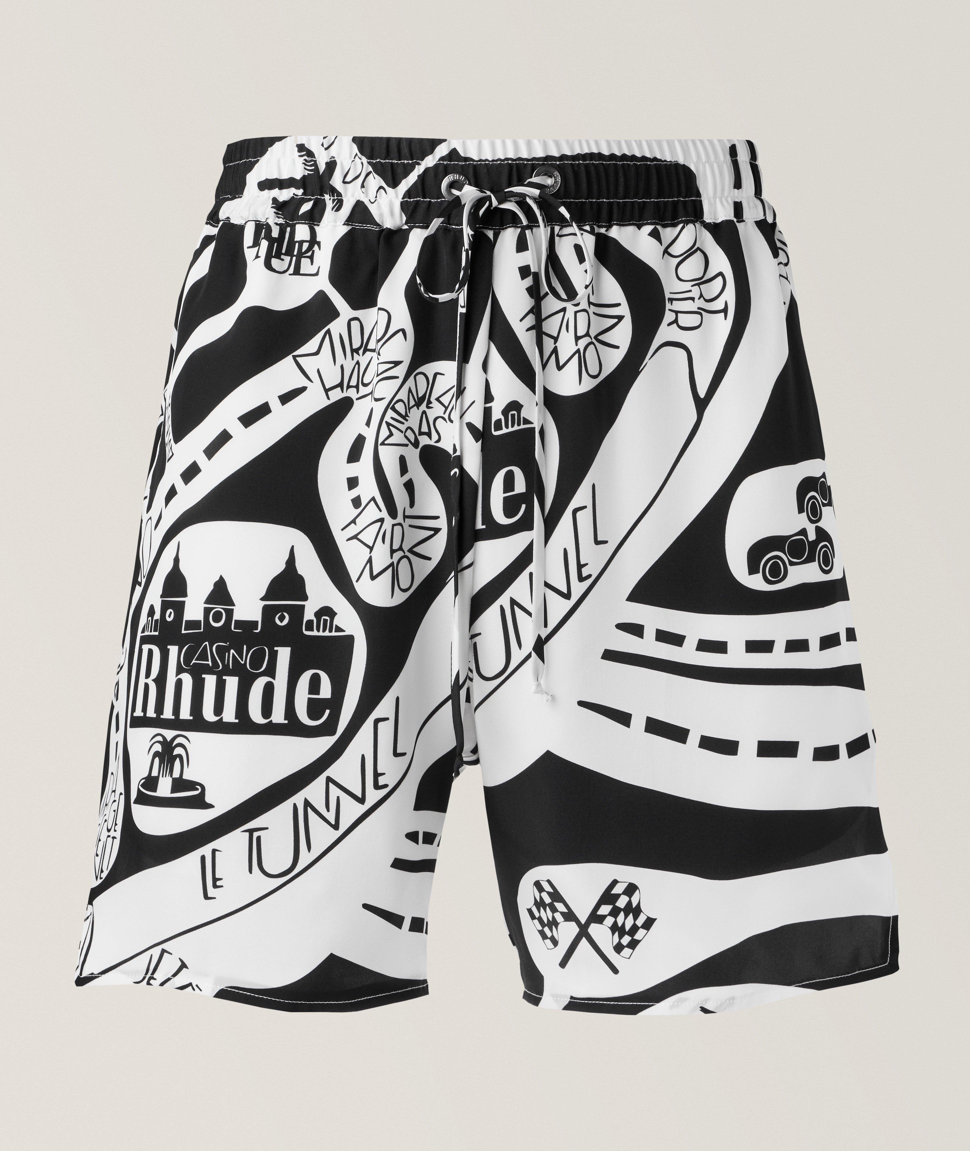 Rhude Strada Road Map Print Silk Twill Shorts