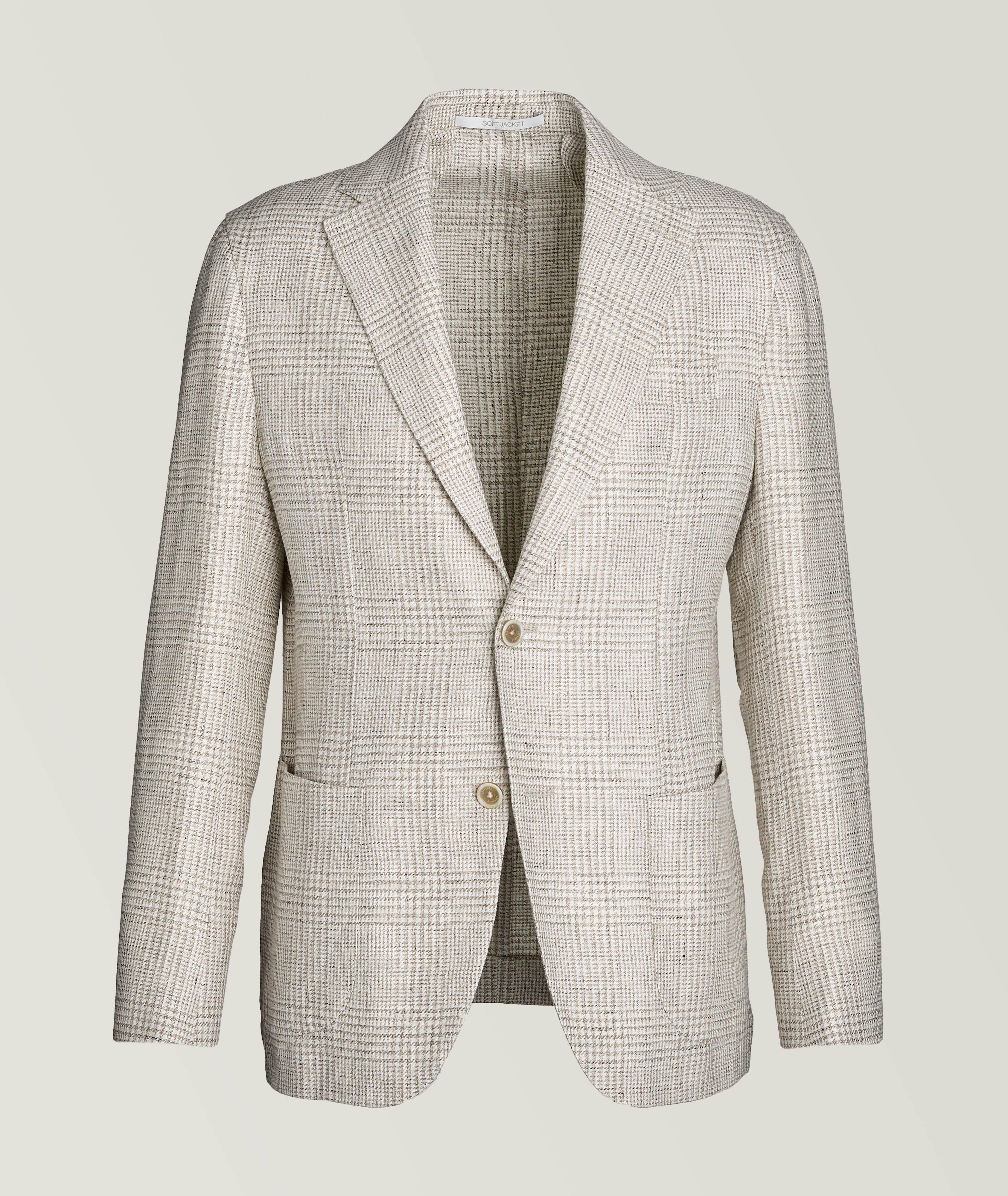 Eleventy Platinum Collection Houndstooth Linen, Wool & Silk Soft Jacket