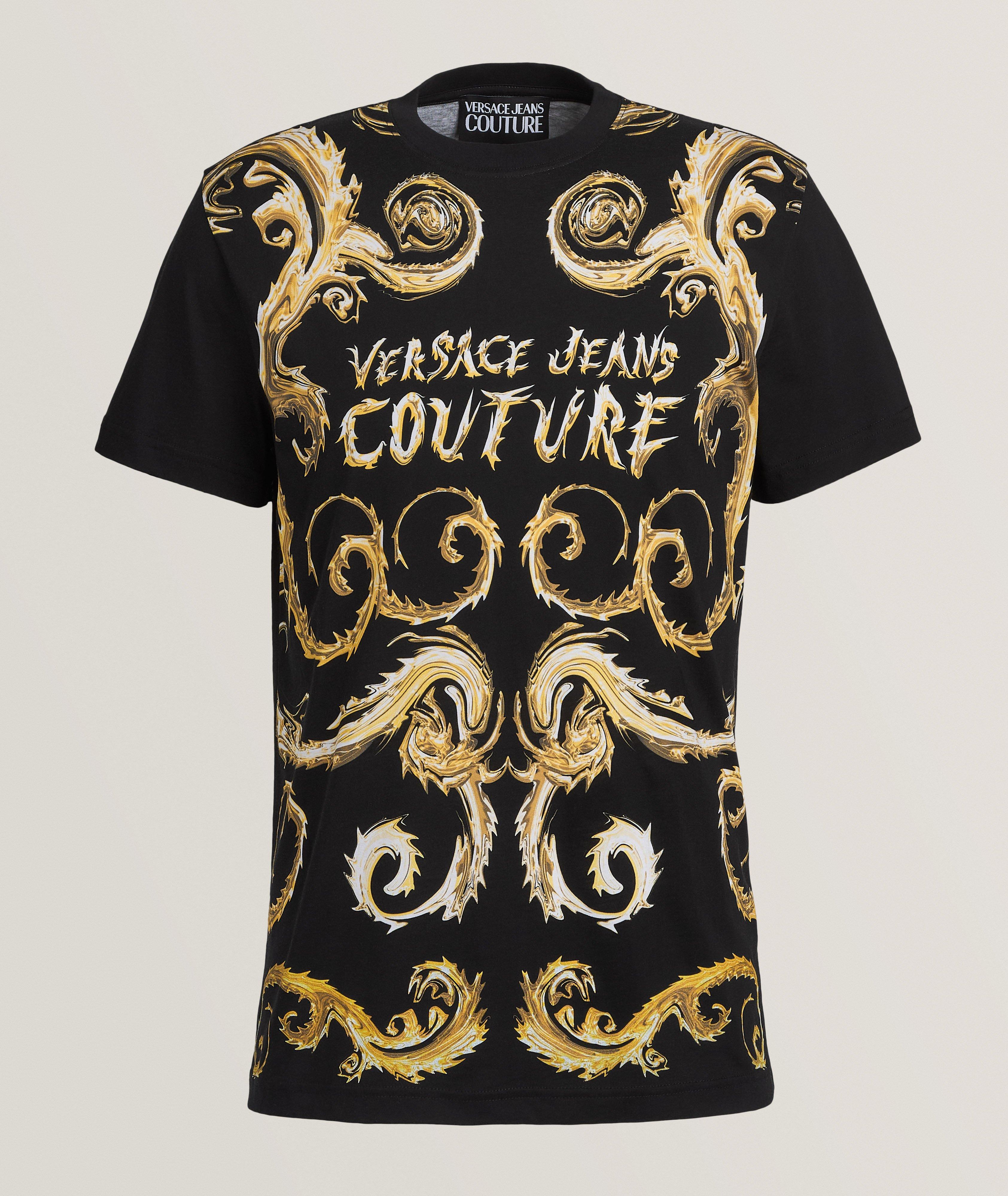 Tシャツ・カットソー VERSACE JEANS \"OUTLINE BAROQUE\" KNITTED T-SHIRT Black Logo Baroque T-shirt by Versace Jeans Couture on Sale