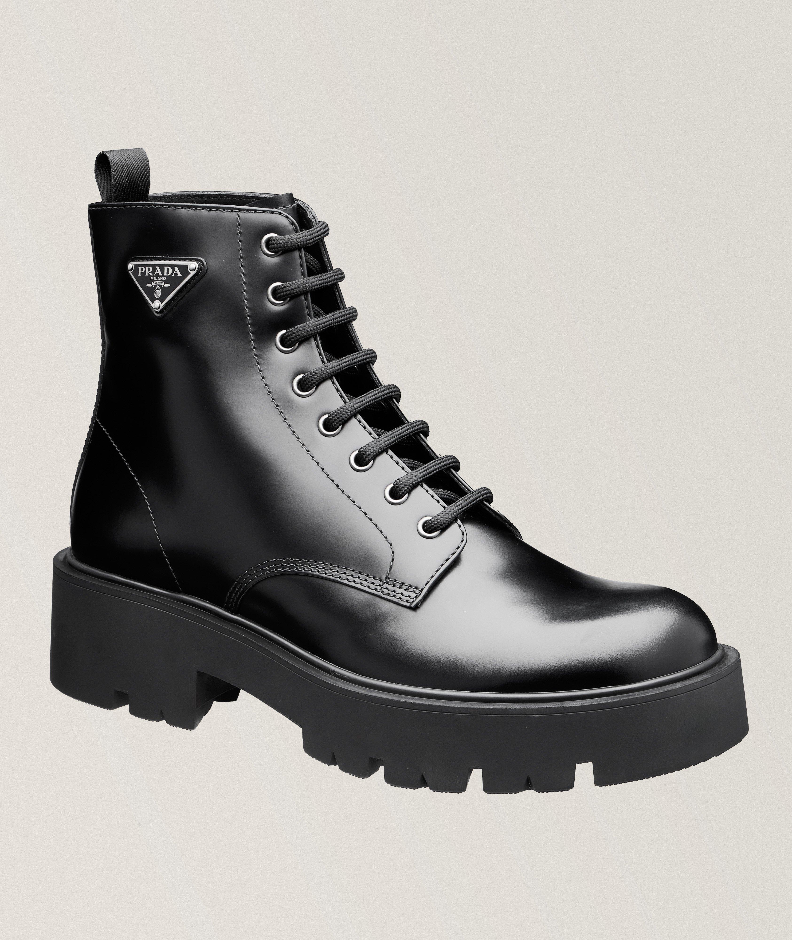 Prada Monolith Polished Leather Lug Boots