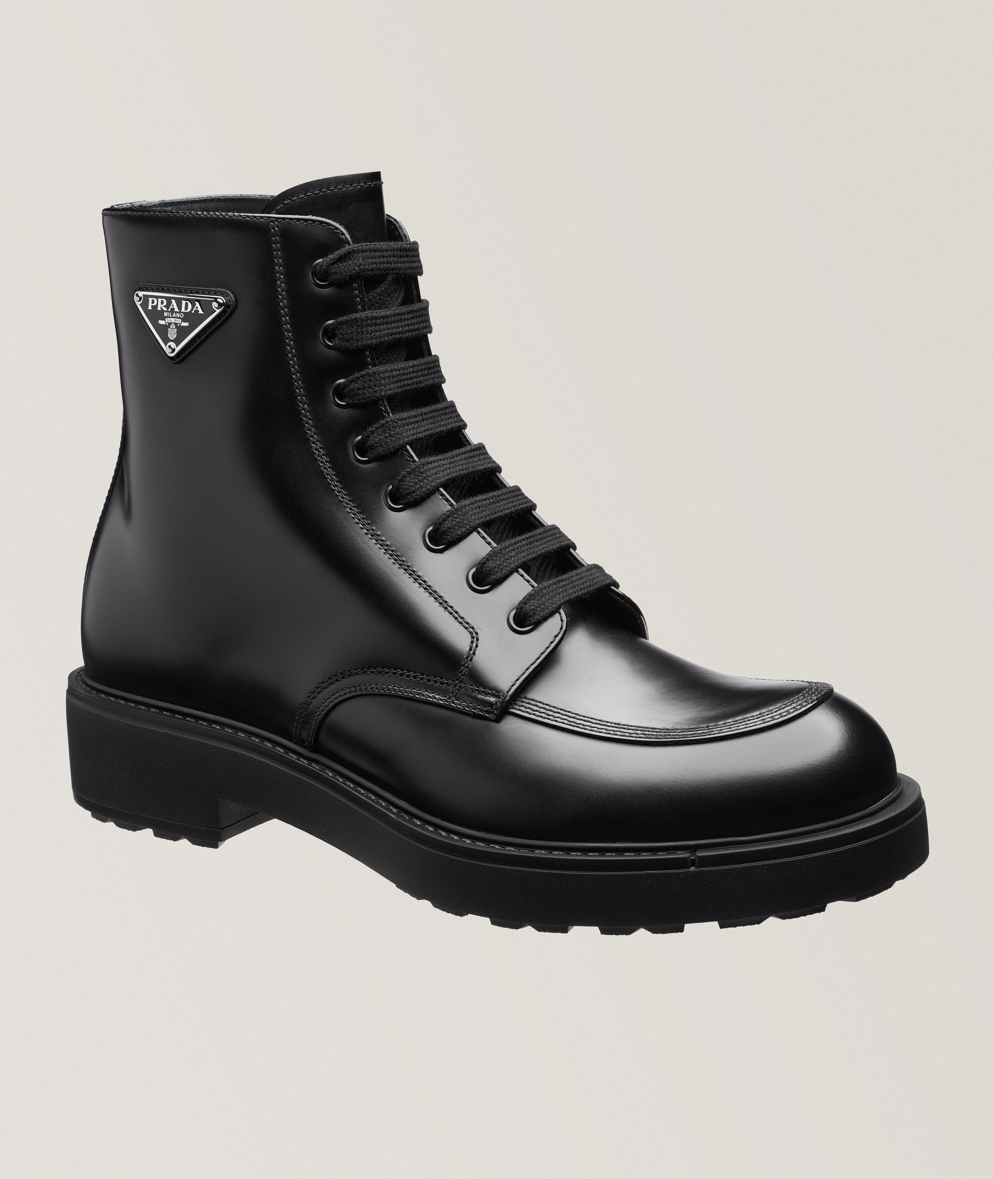 Prada Spazzolato Triangolo Leather Ankle Boots Boots Harry Rosen