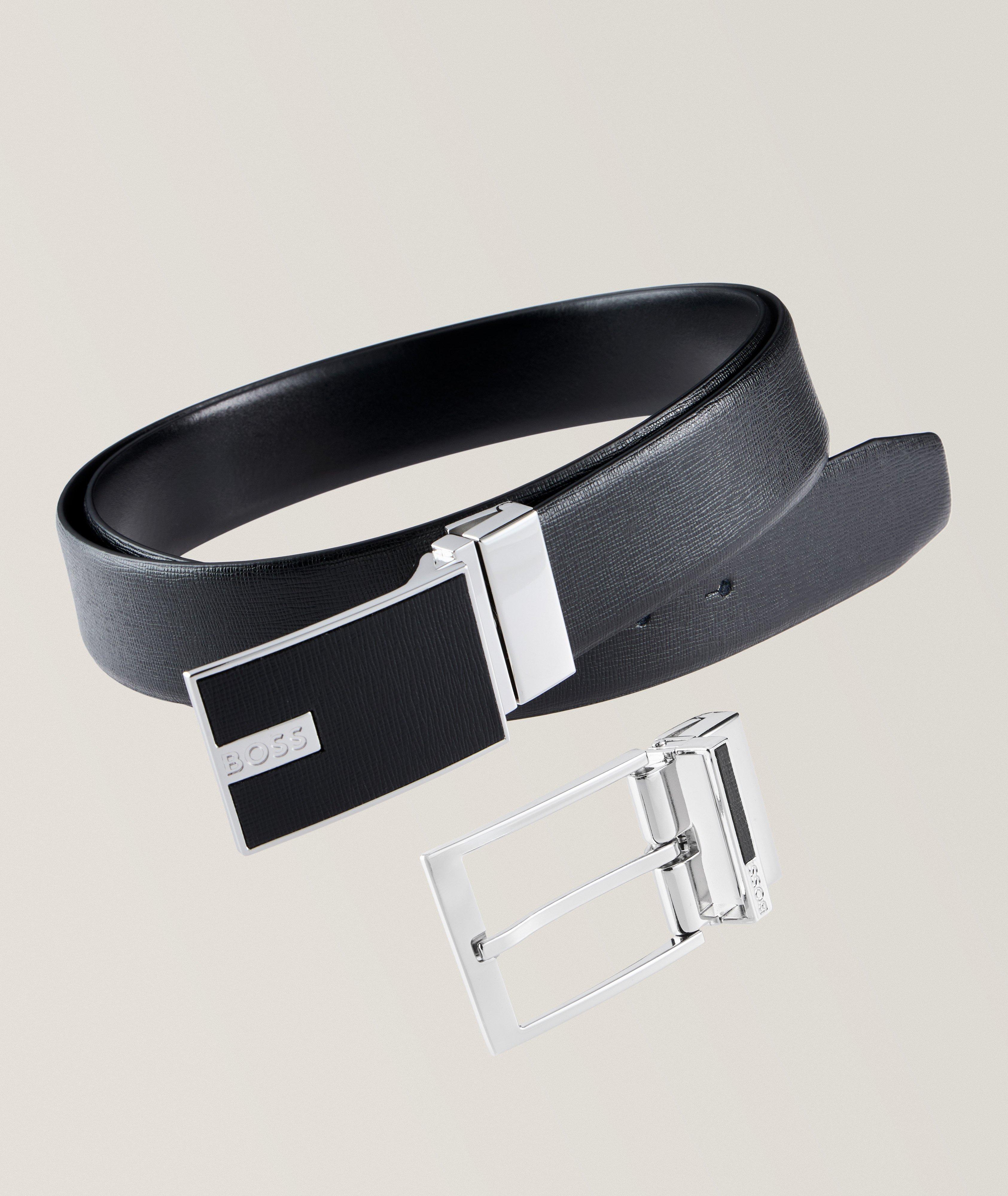 Gem Dual Buckle Reversible Leather Belt 