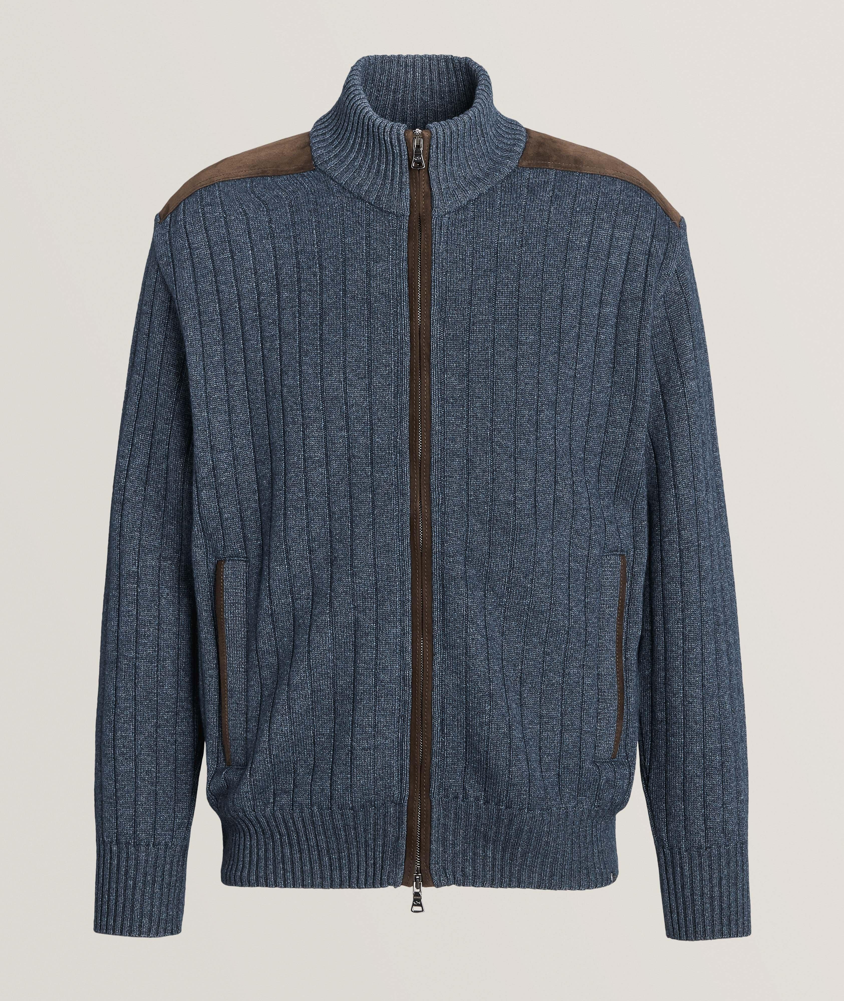 Ribbed Wool-Blend Suede-Trim Sweater image 0