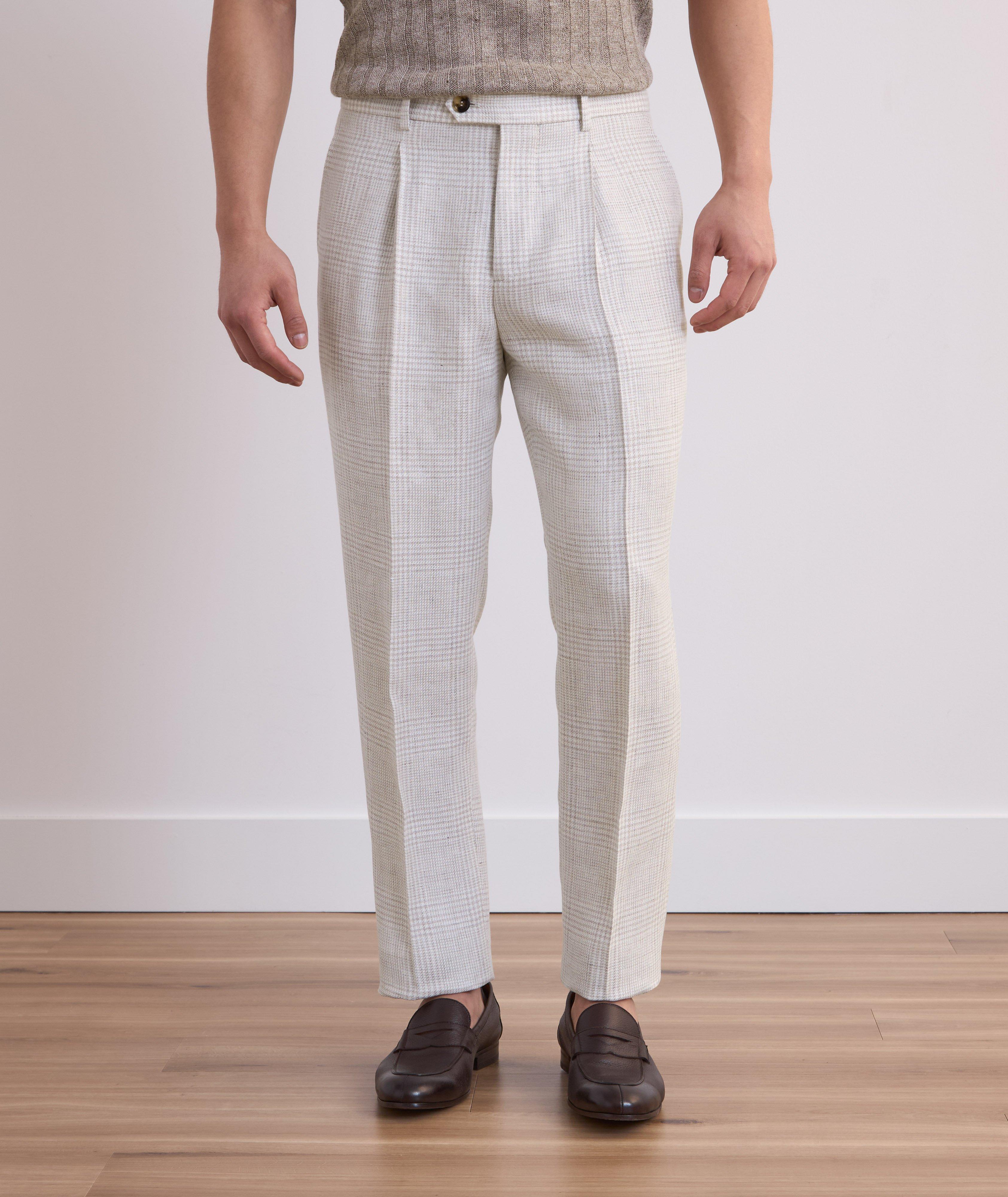 Leisure-Fit Plaid Linen-Wool-Silk Suit Pants image 1