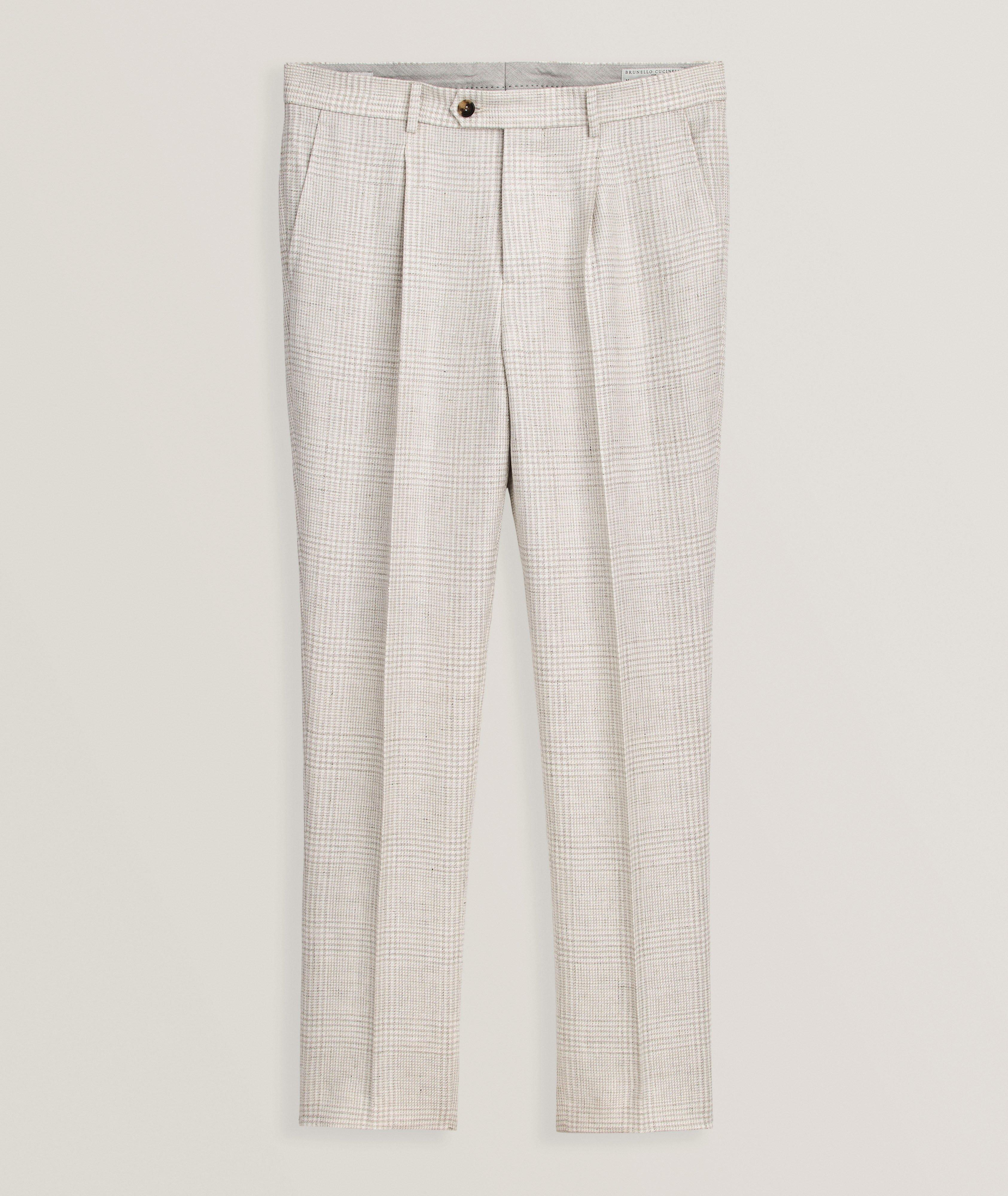 Leisure-Fit Plaid Linen-Wool-Silk Suit Pants image 0