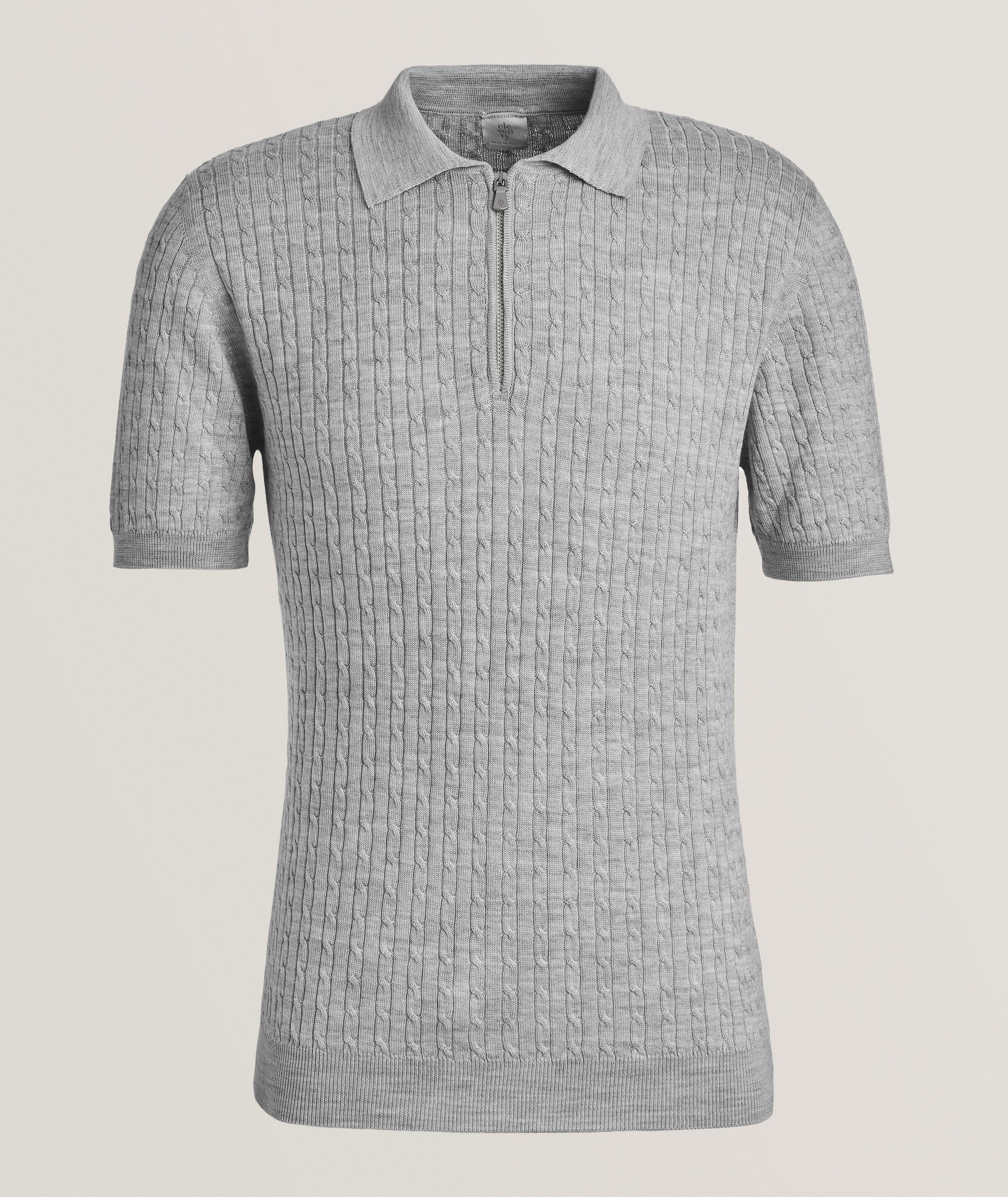 Eleventy Wool-Silk Cable Knit Polo 