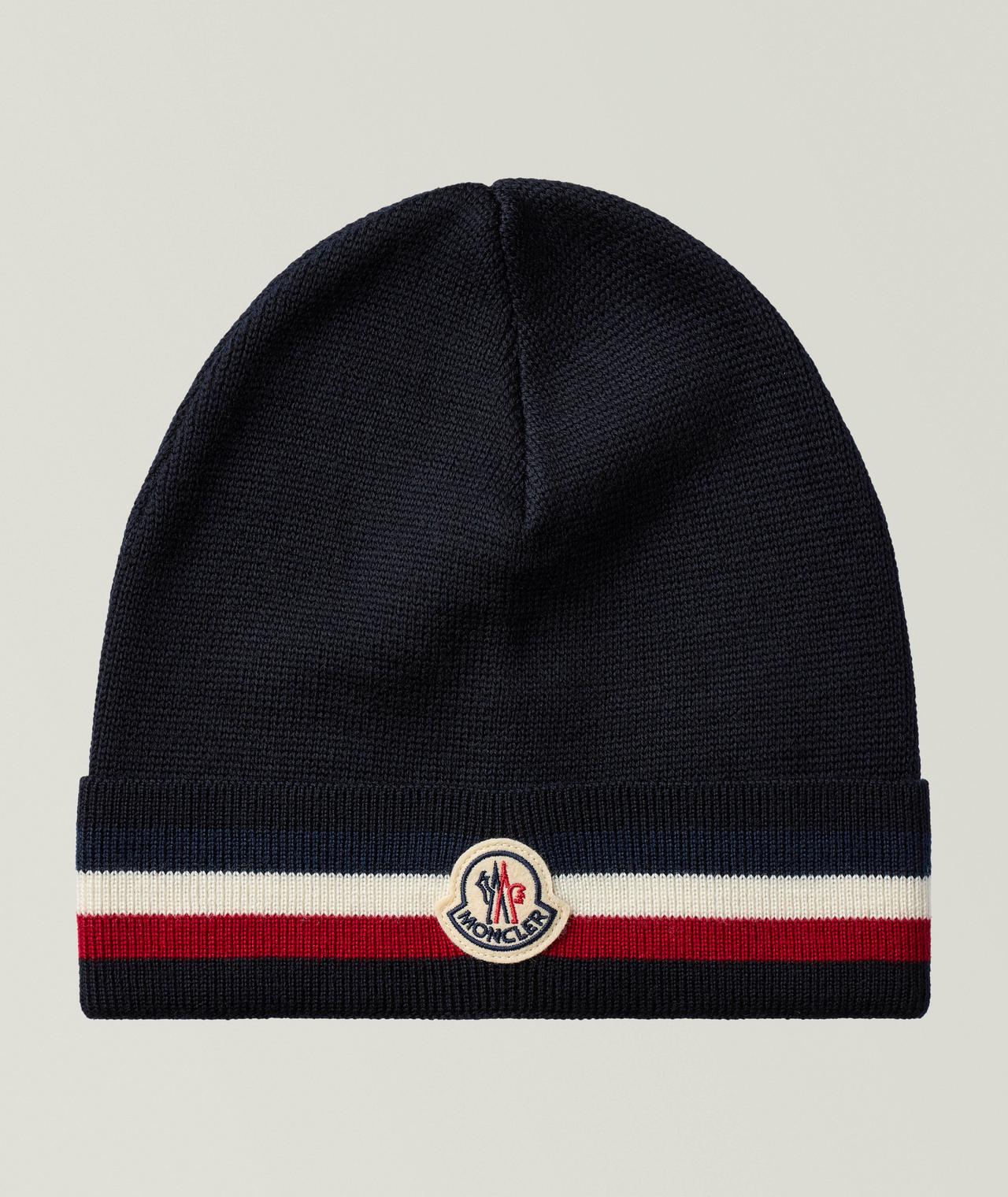Moncler Tuque en laine vierge à logo et rayures tricolores