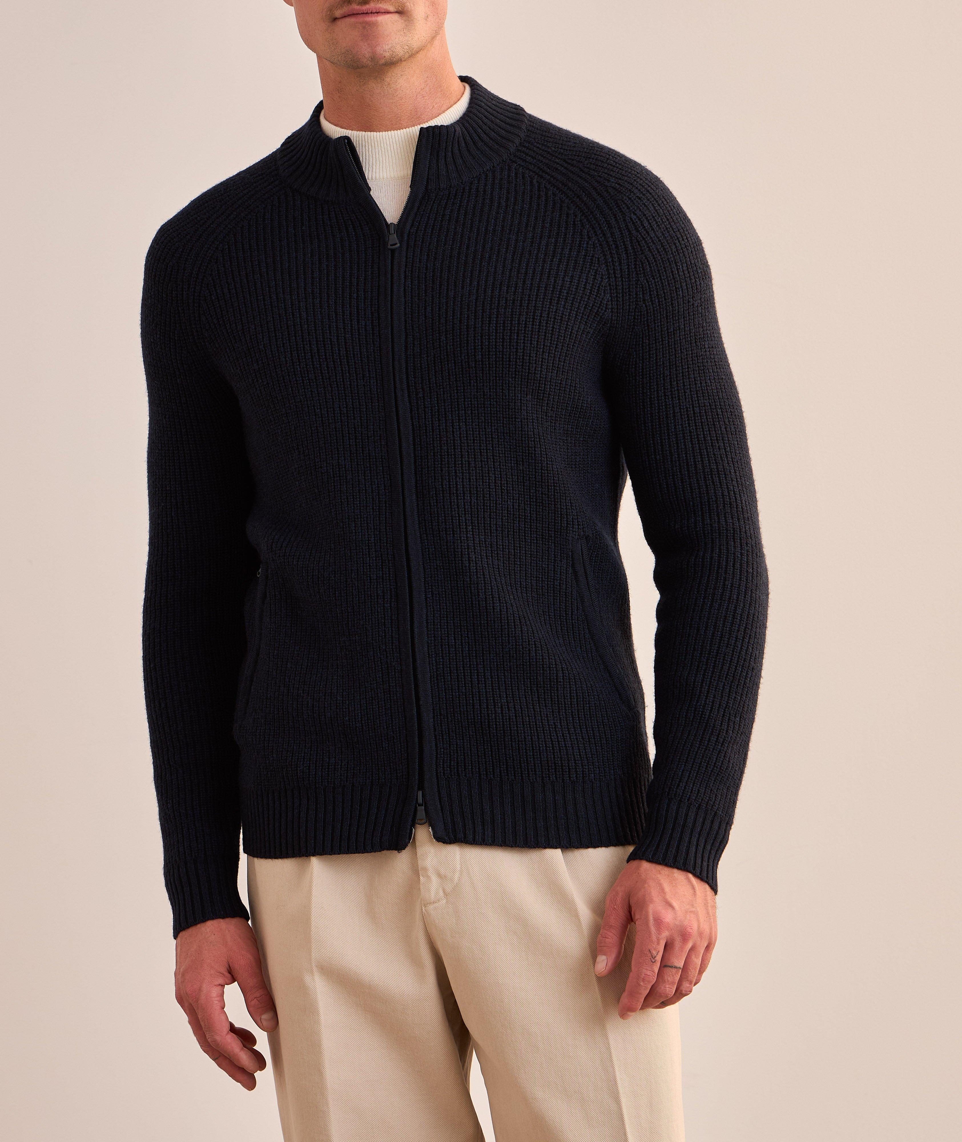 Cardigan zippé côtelé en laine mérinos extrafine image 1