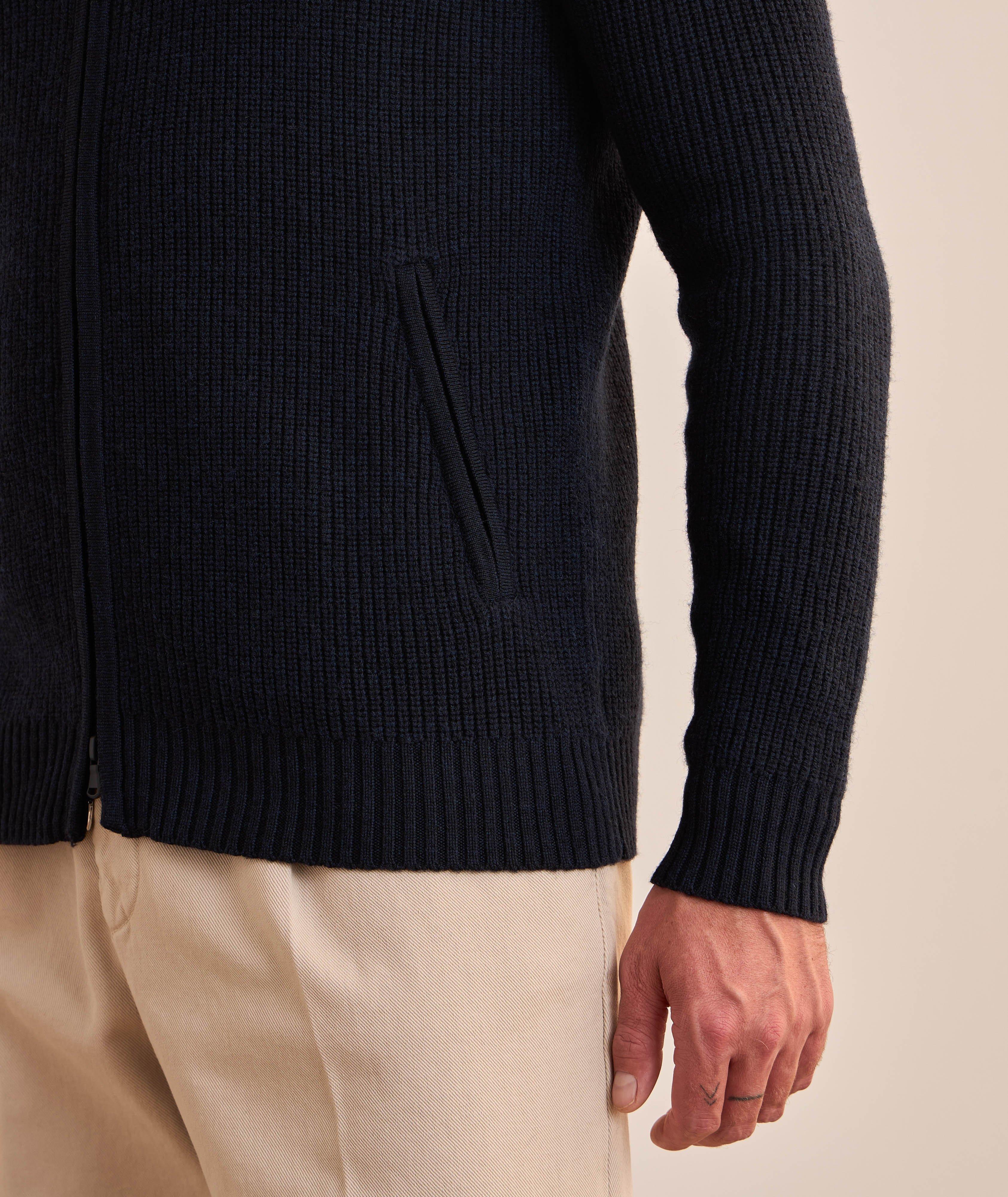 Cardigan zippé côtelé en laine mérinos extrafine image 4