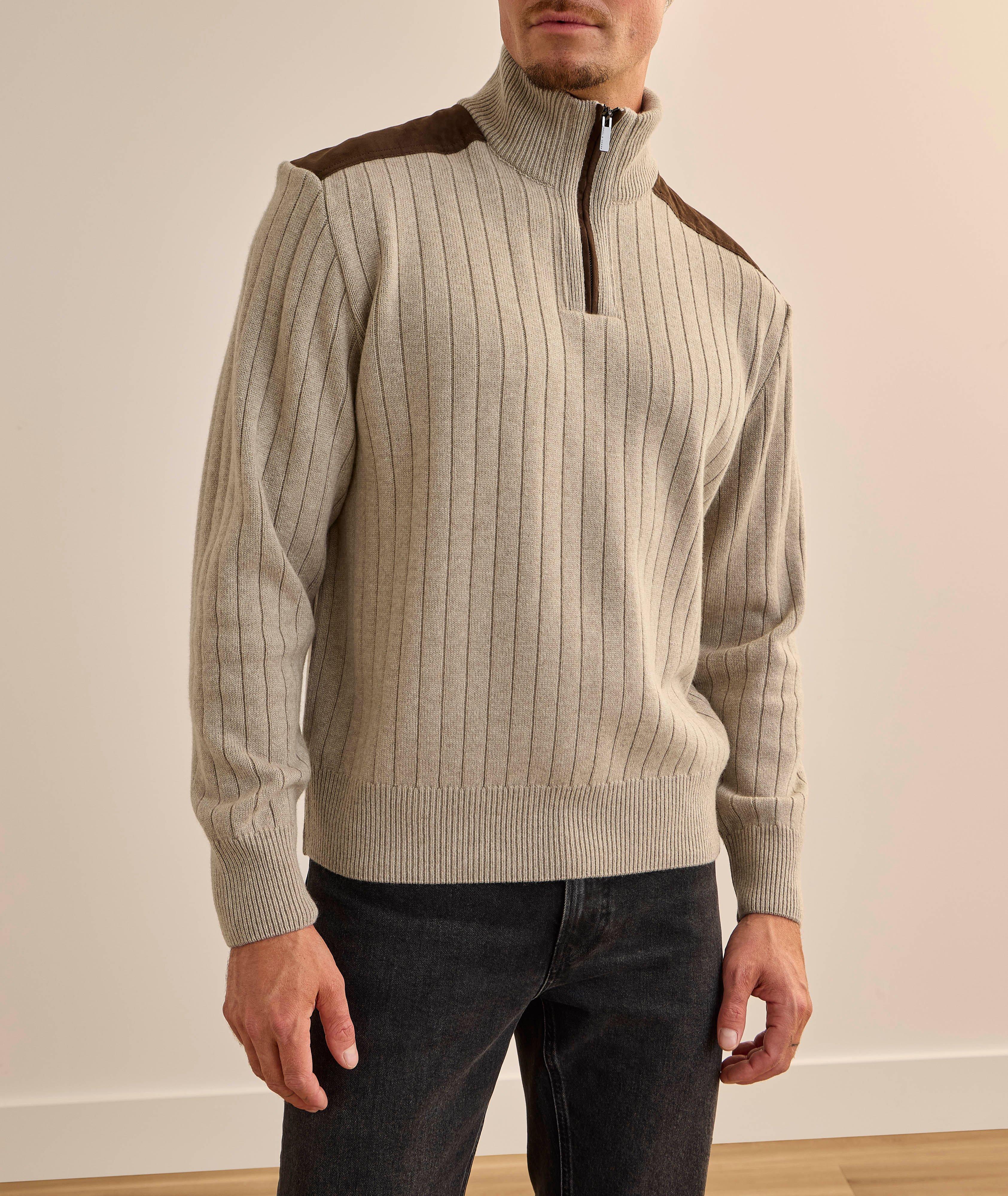 Pull à demi-fermeture zippée en laine et cachemire avec finitions en suède image 1