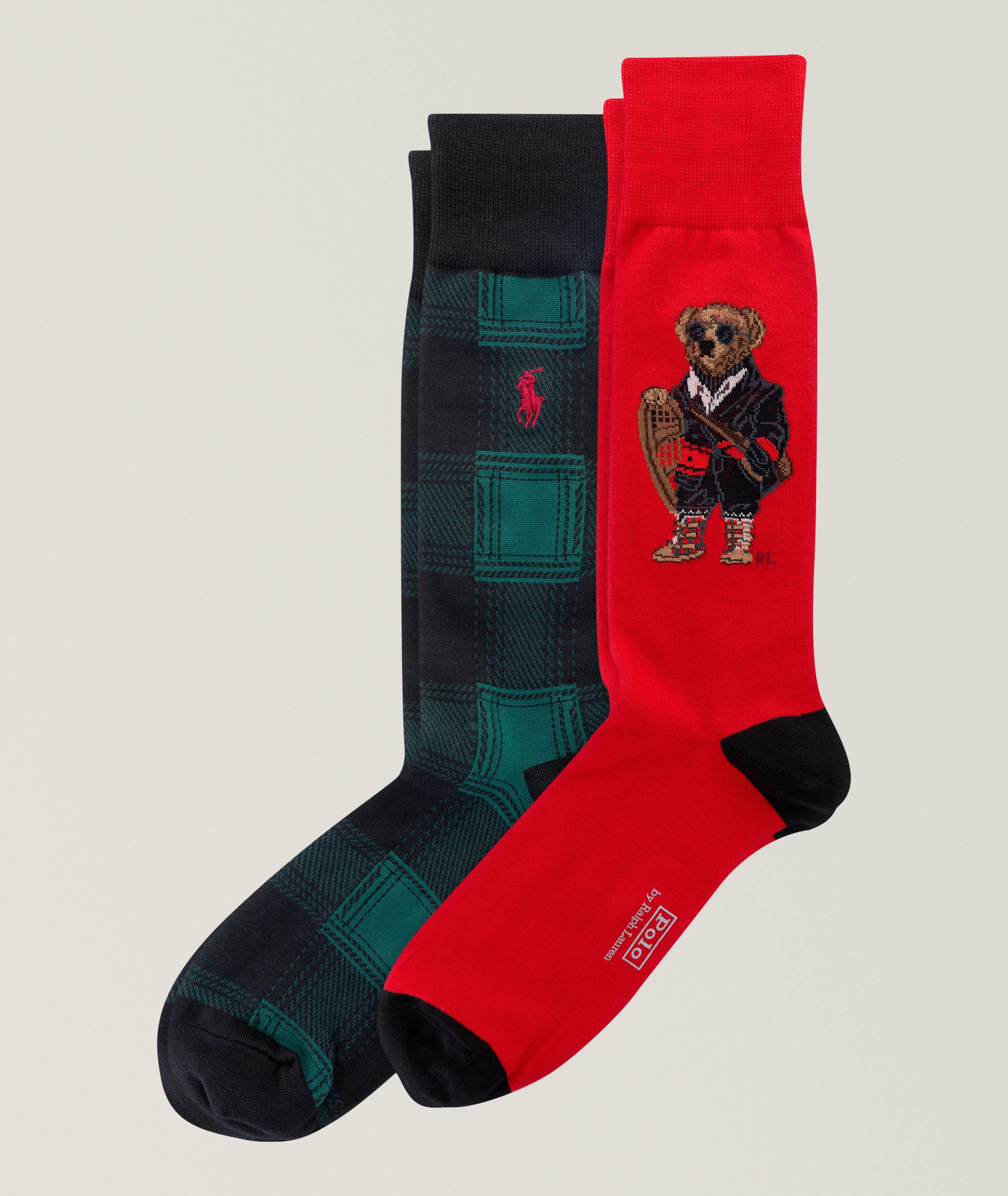 Ensemble de deux paires de chaussettes avec ourson mascotte et carreaux image 0