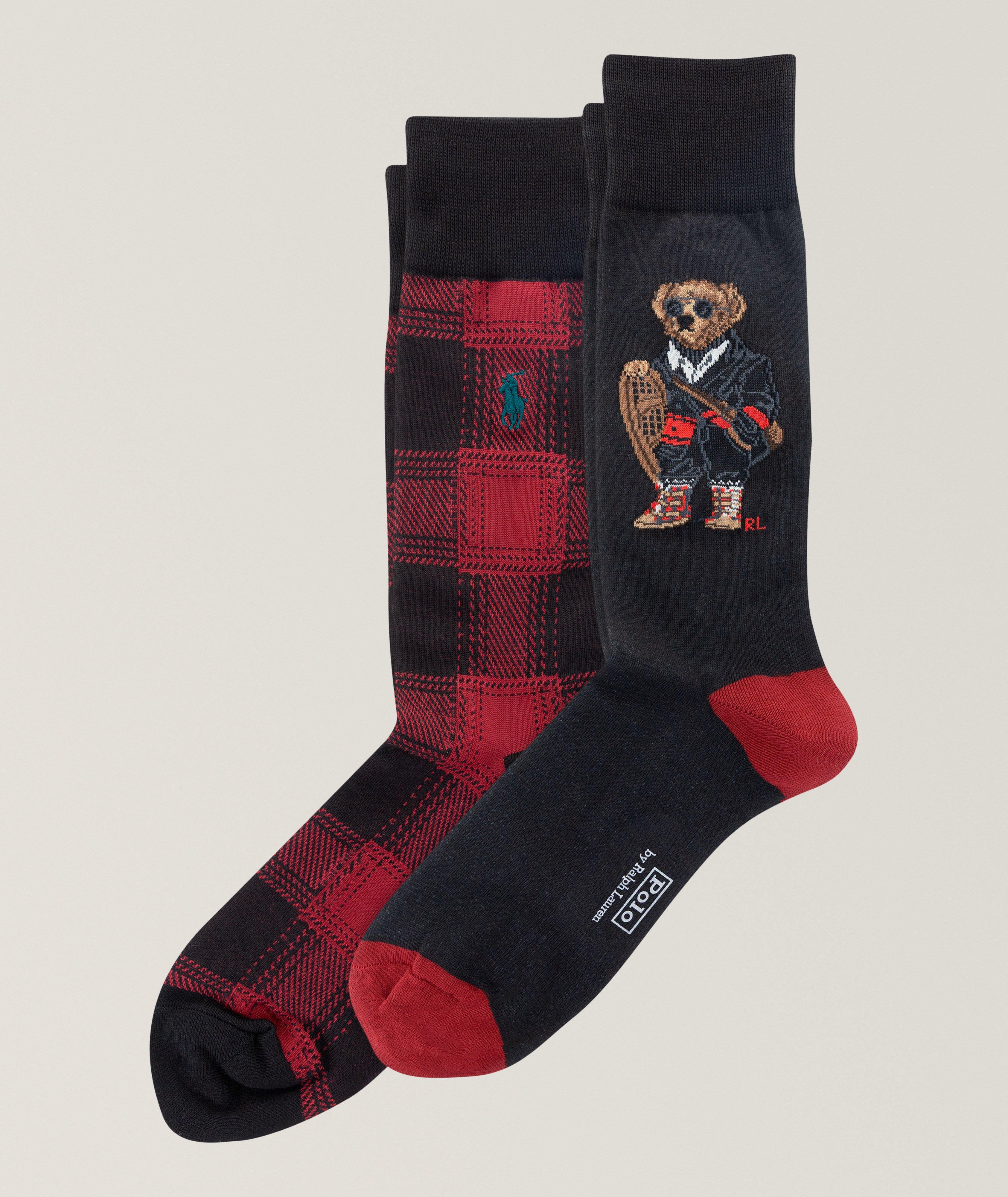 Ensemble de deux paires de chaussettes avec ourson mascotte et carreaux image 0