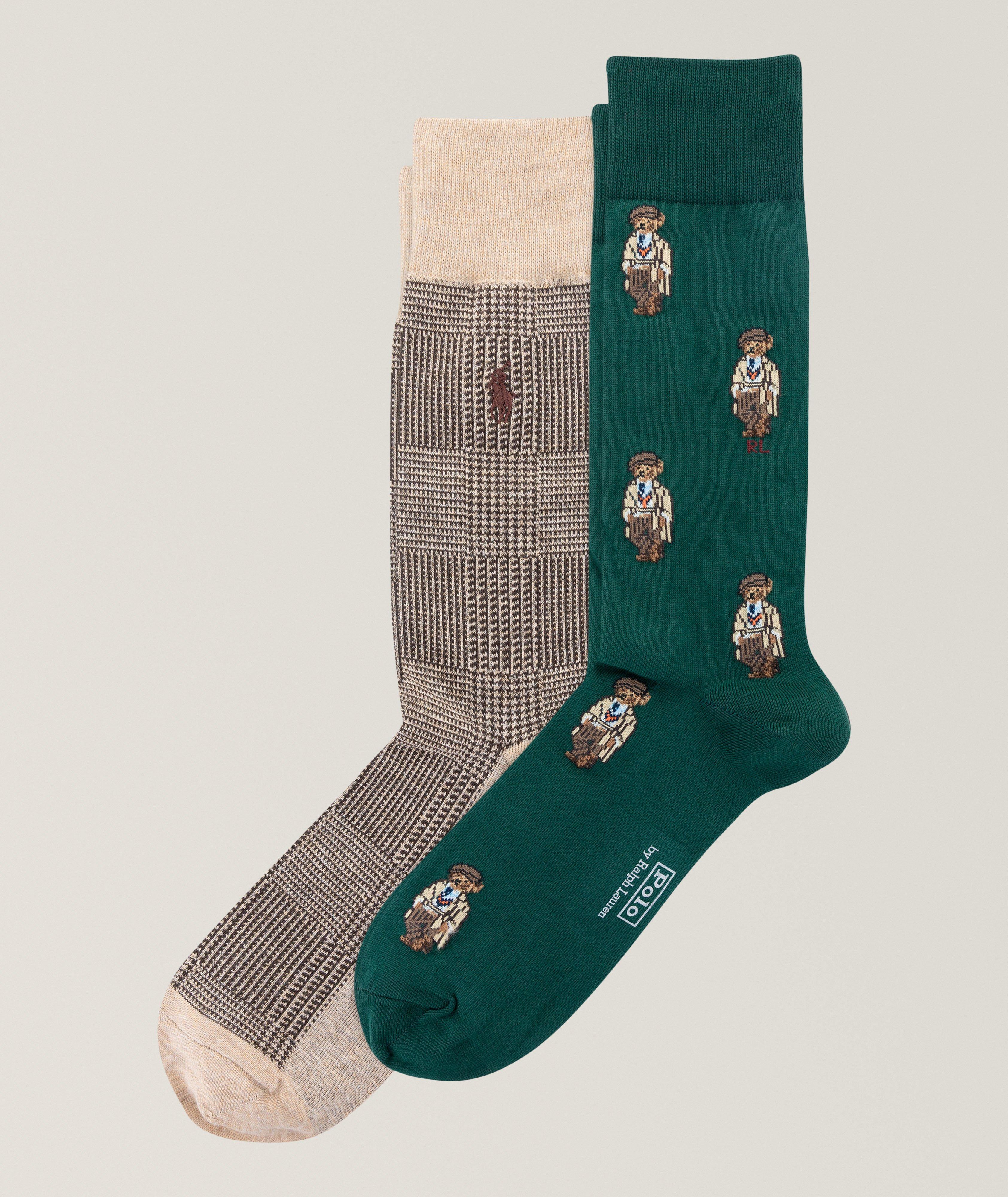 Ensemble de deux paires de chaussettes à motifs d’oursons mascottes et de carreaux image 0
