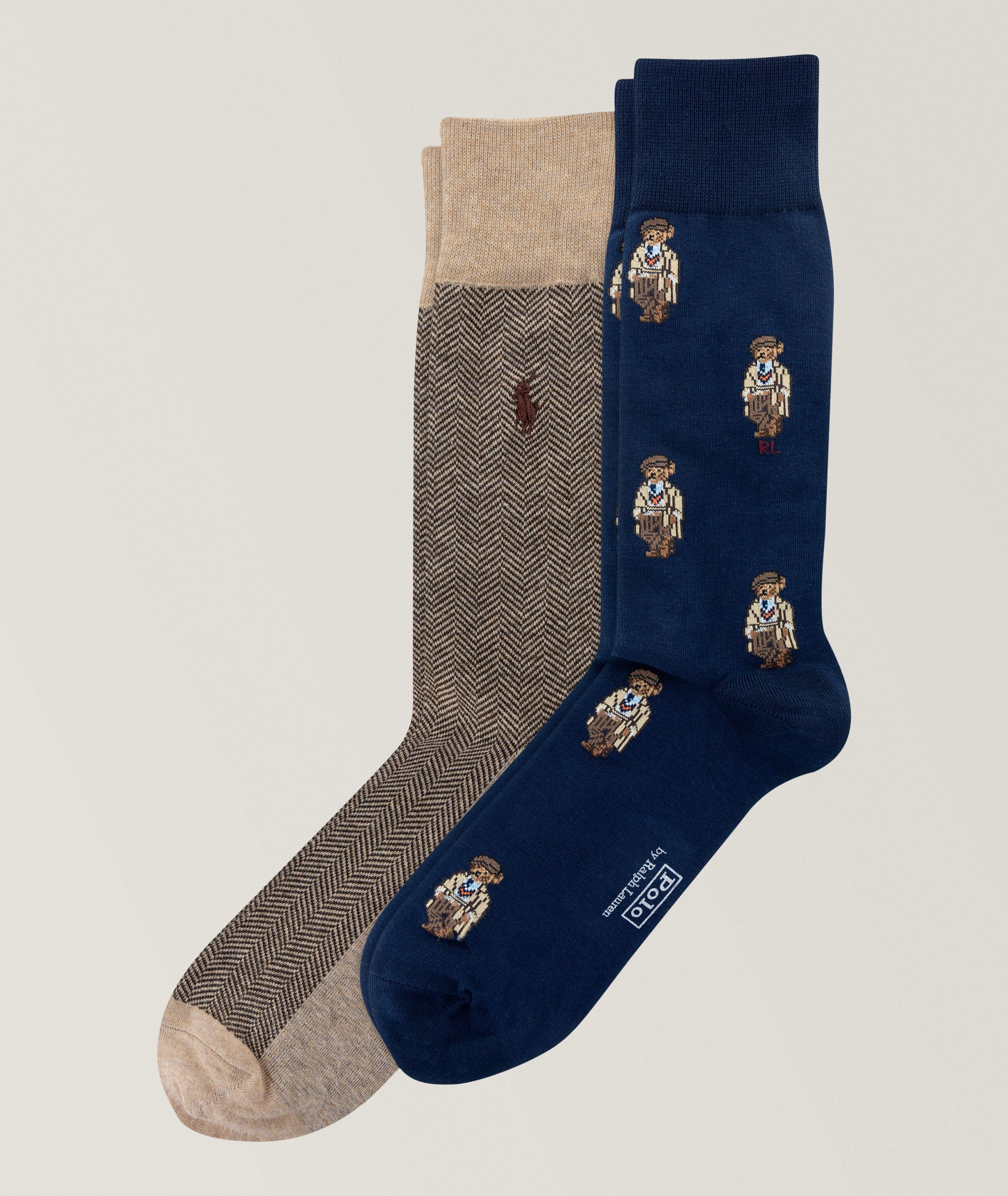 Ensemble de deux paires de chaussettes à motifs d’oursons mascottes et de chevrons image 0