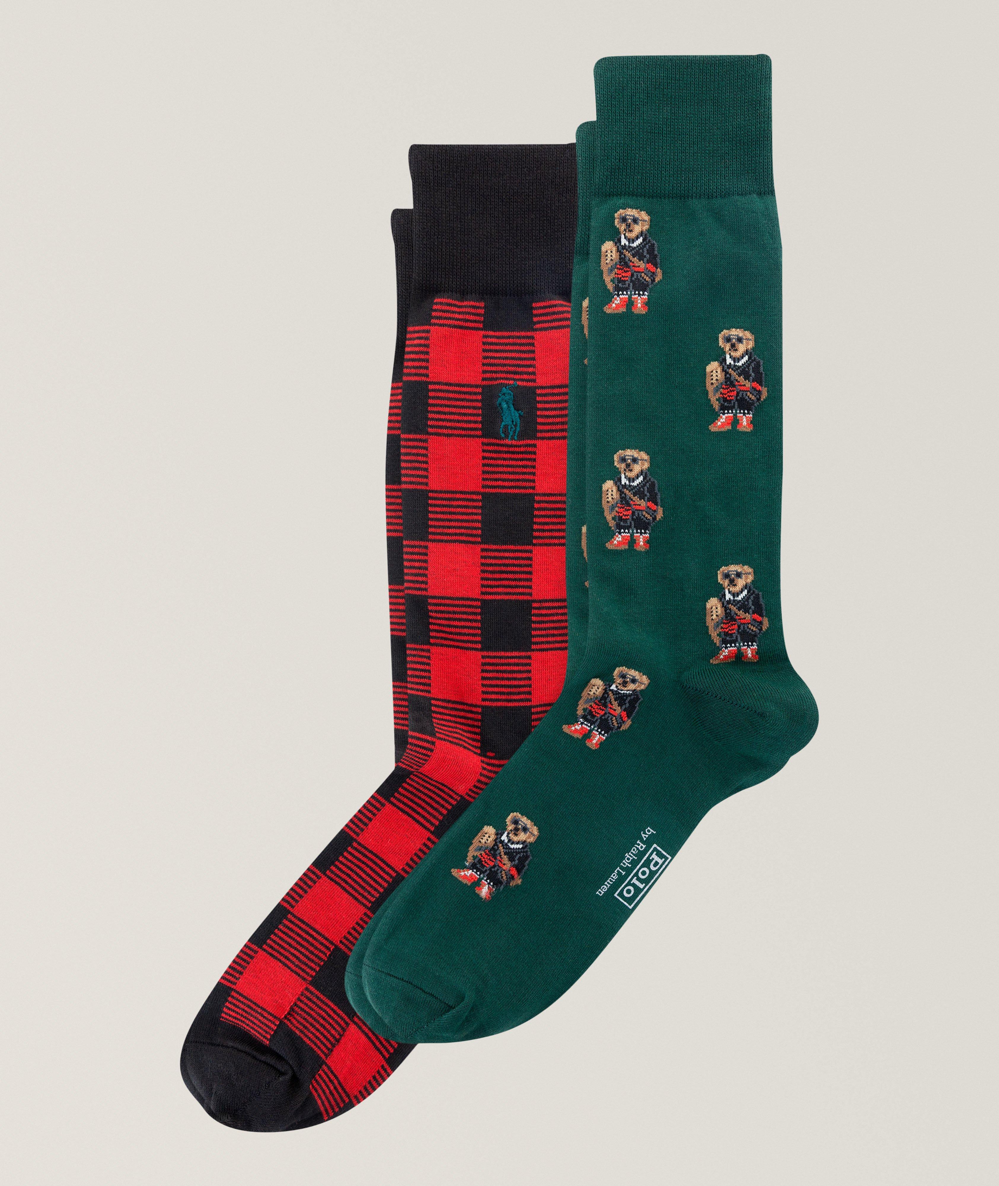Ensemble de deux paires de chaussettes à motifs d’oursons mascottes et de carreaux image 0