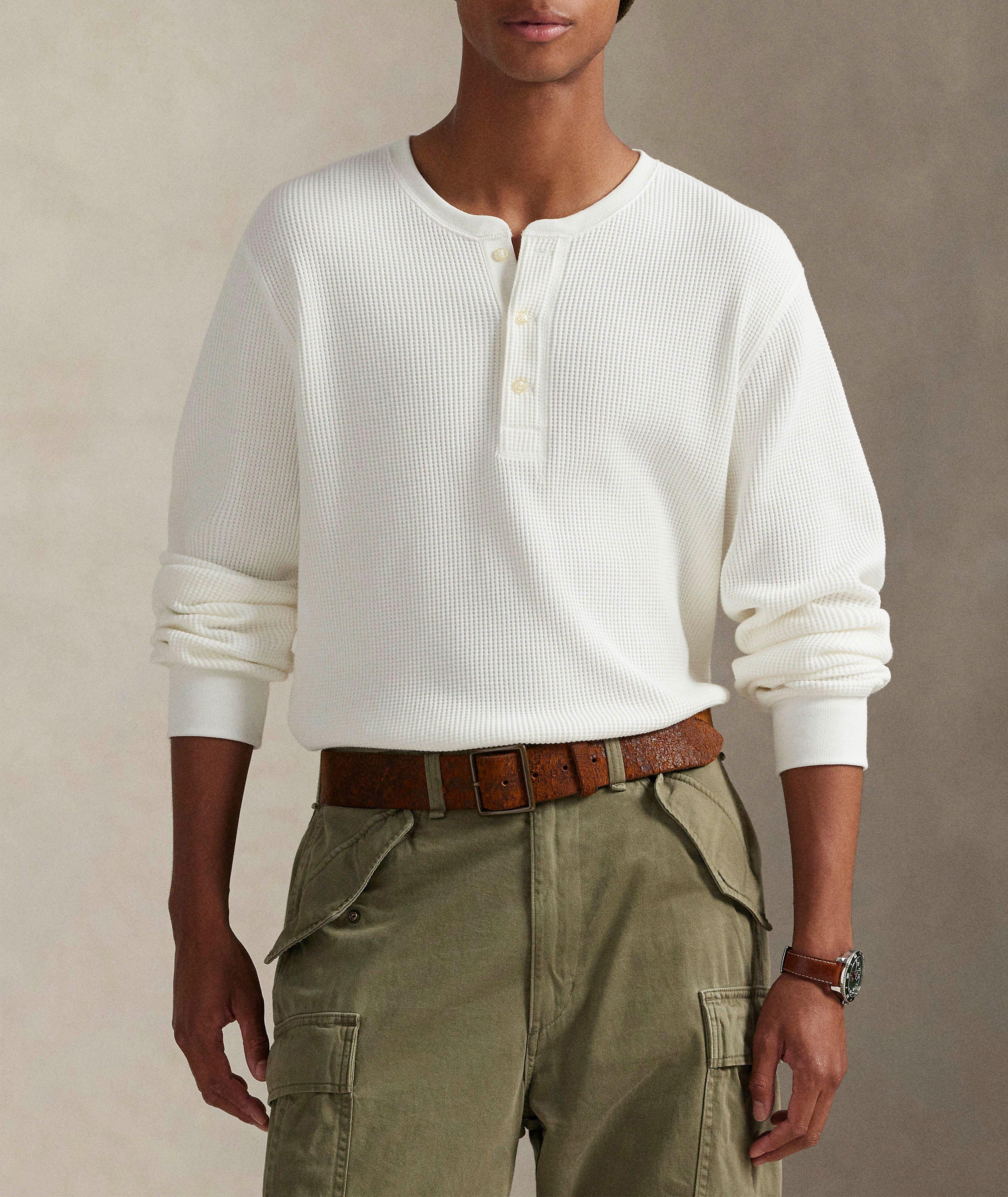 Waffle-Knit Cotton Henley Shirt image 1