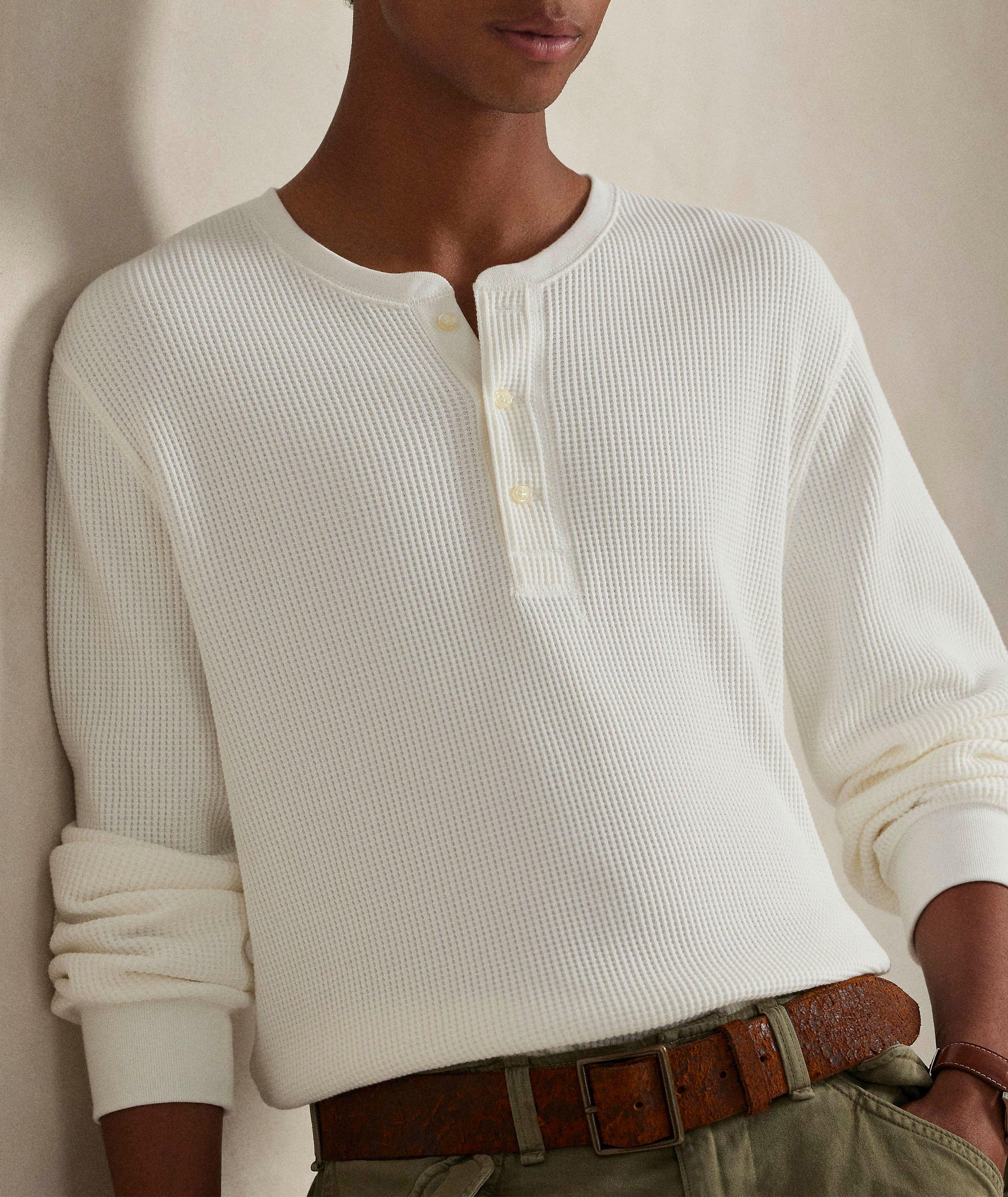 Waffle-Knit Cotton Henley Shirt image 3