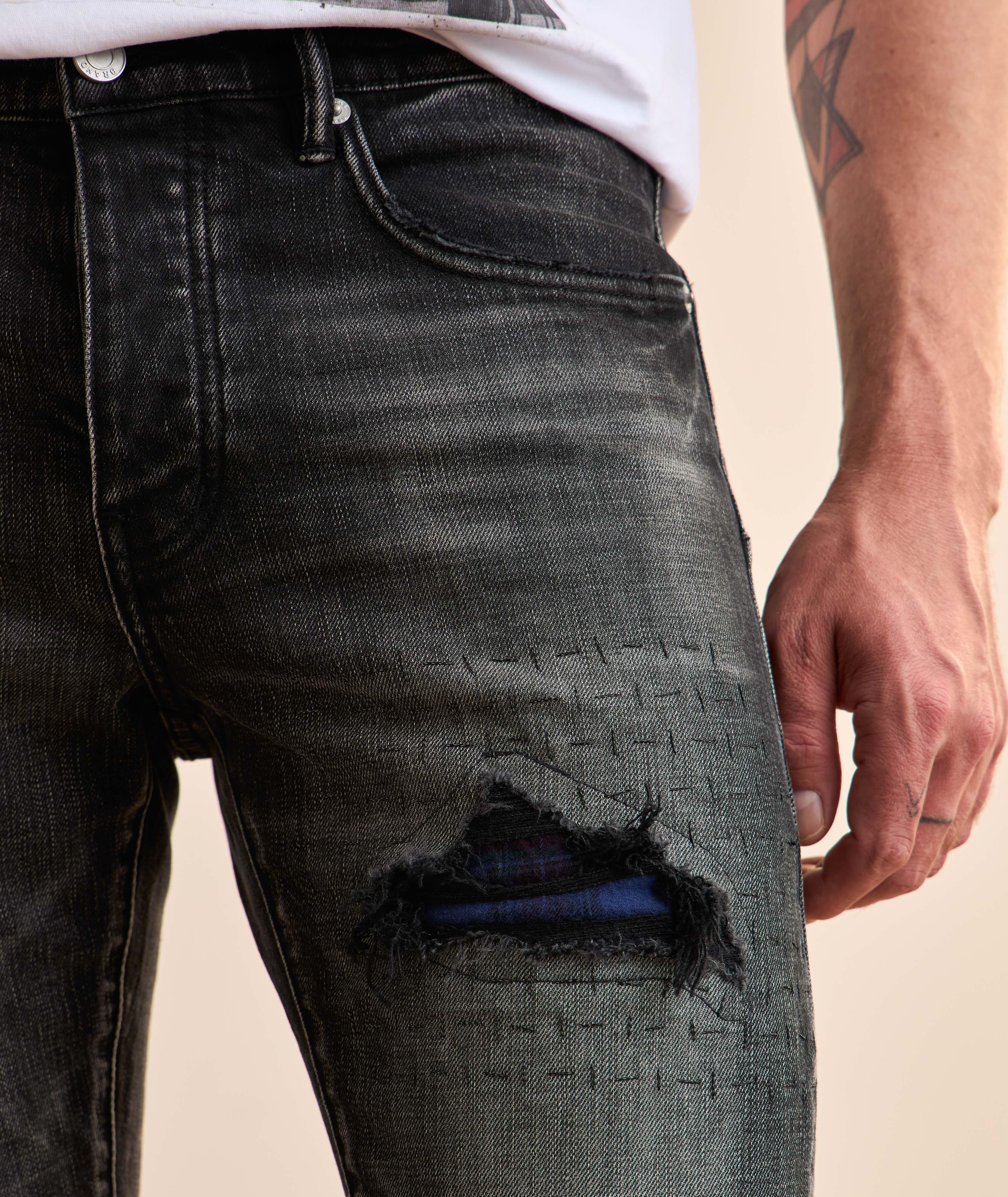 P001 Plaid Patch Repair Skinny Jeans image 4