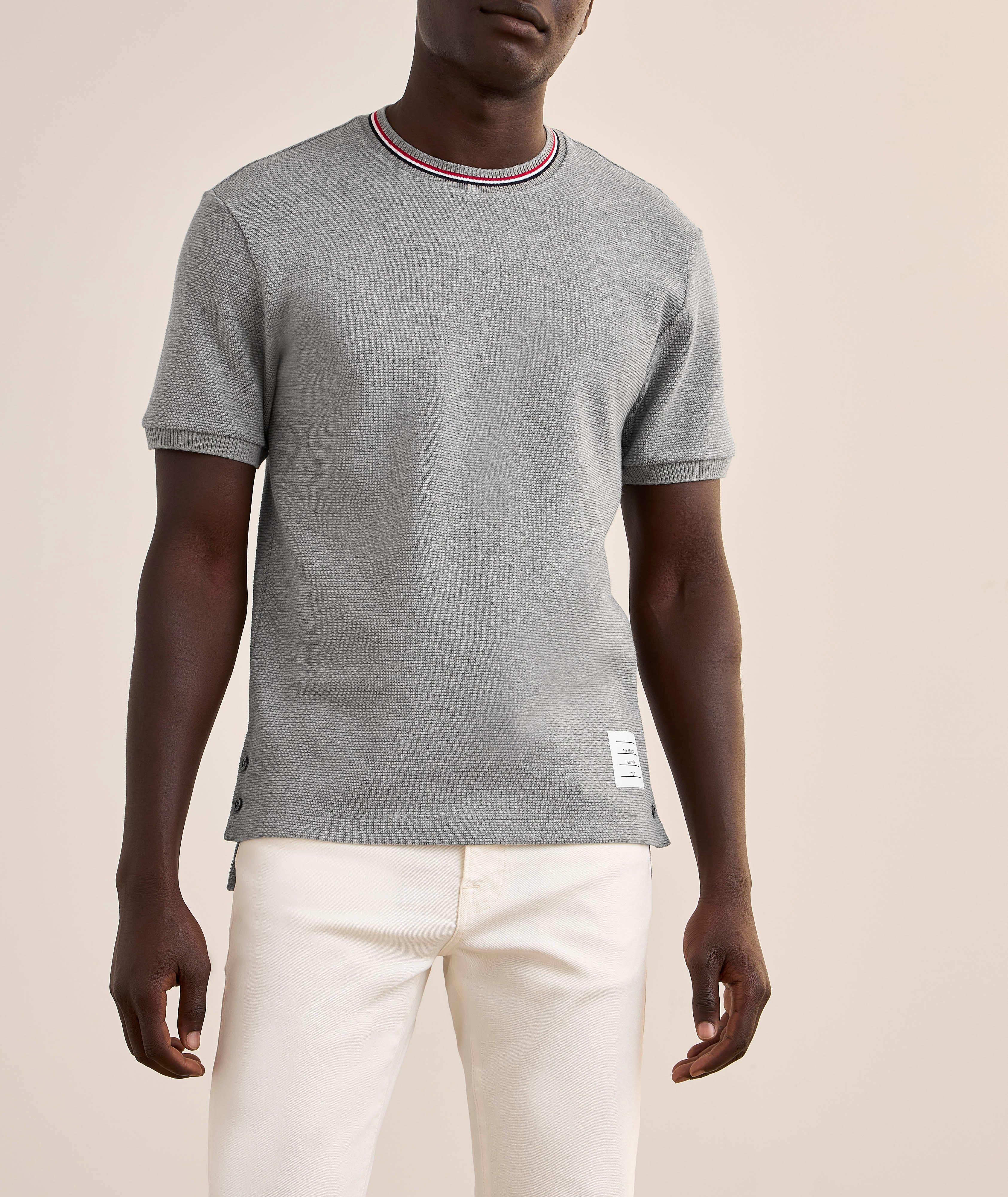 Striped Trim Cotton Waffle-Knit T-Shirt image 1