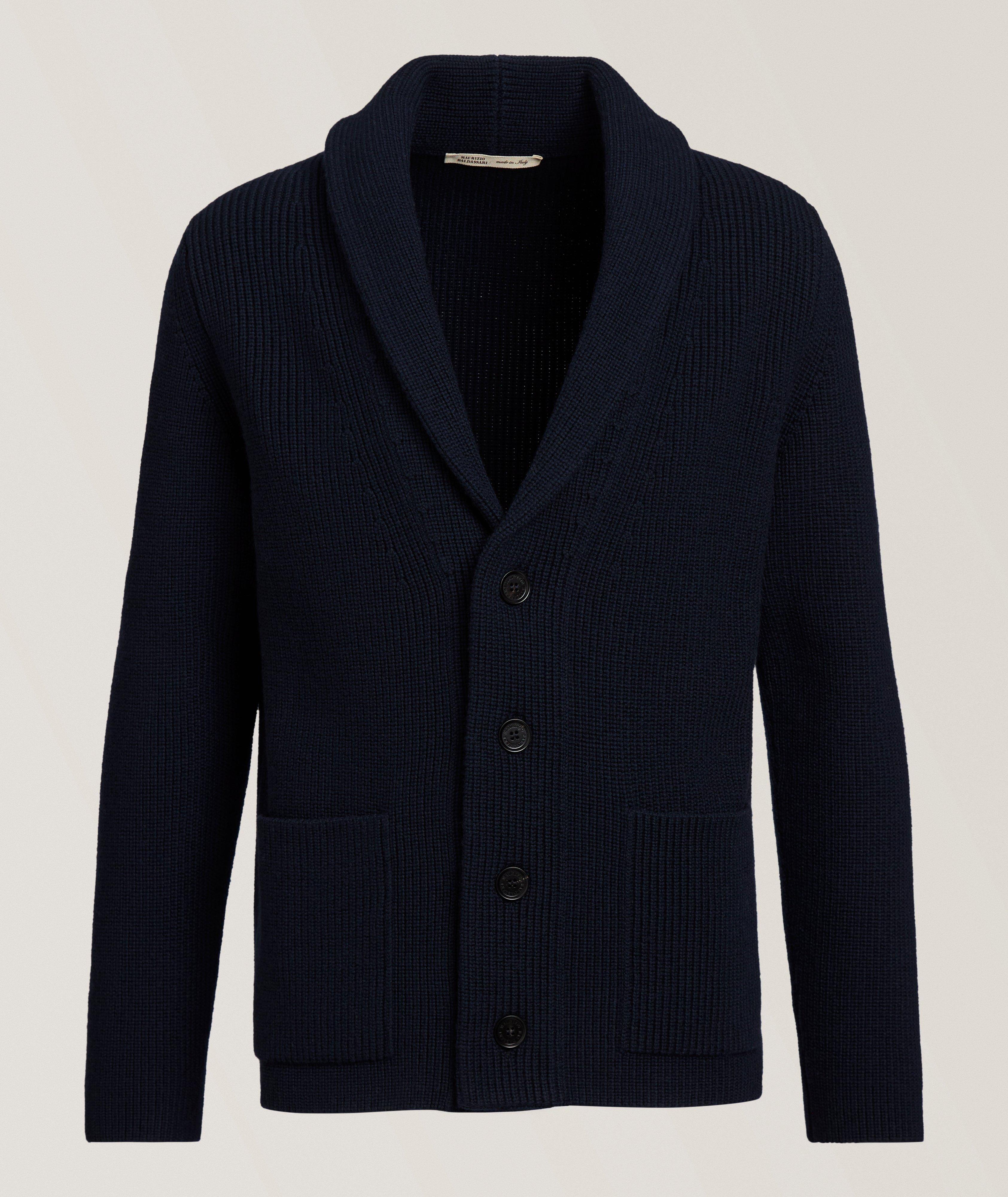 Cardigan à col châle en tricot côtelé de laine image 0