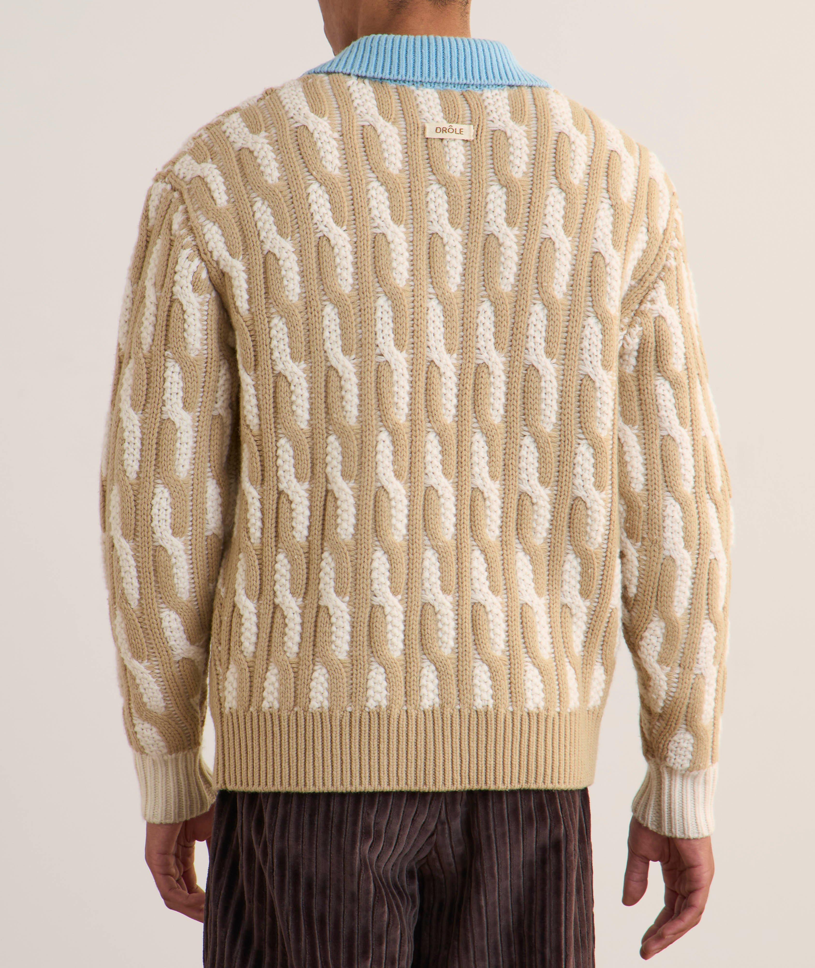 Contrast Collar Wool Cable Knit Cardigan image 2