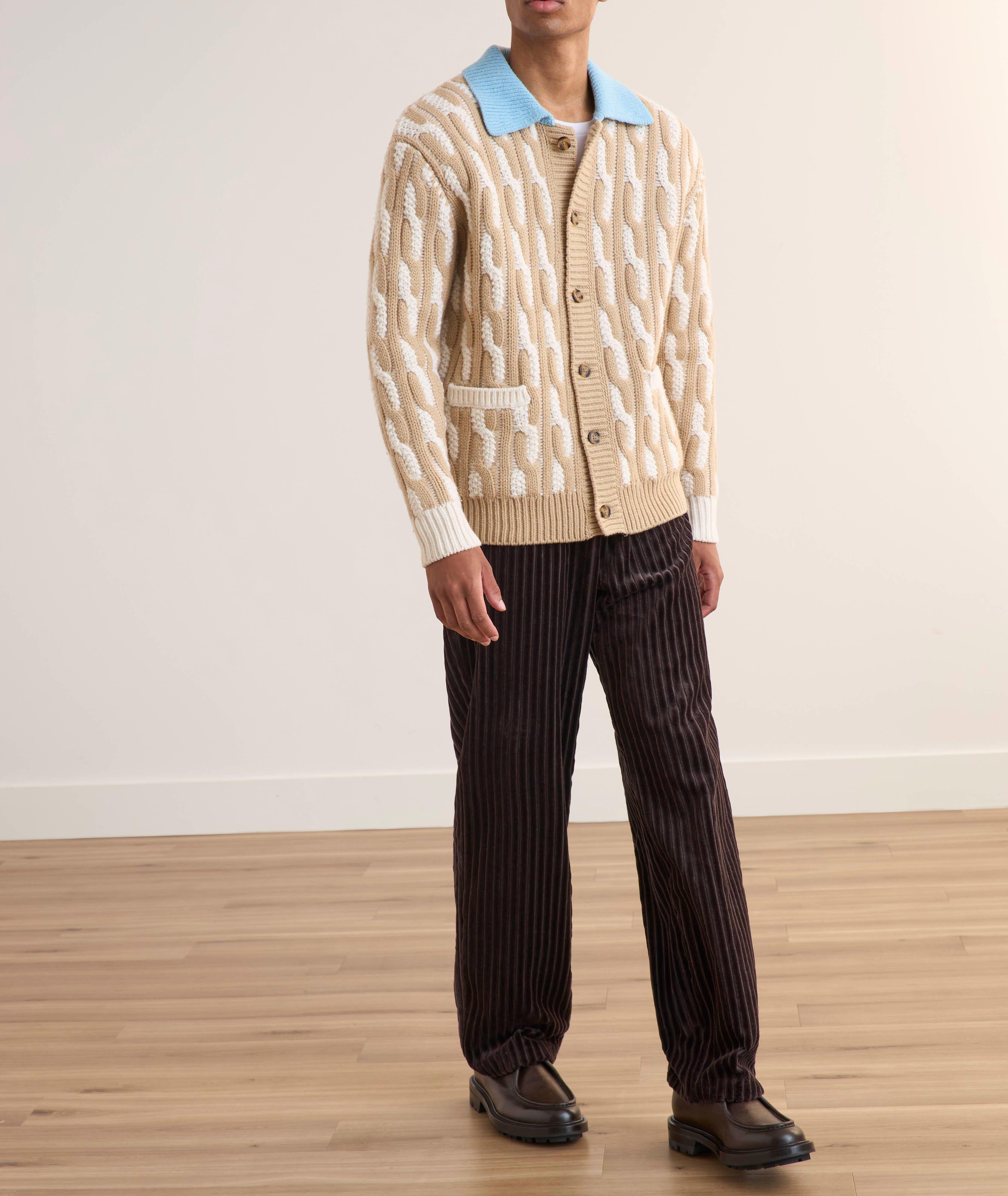 Contrast Collar Wool Cable Knit Cardigan image 6