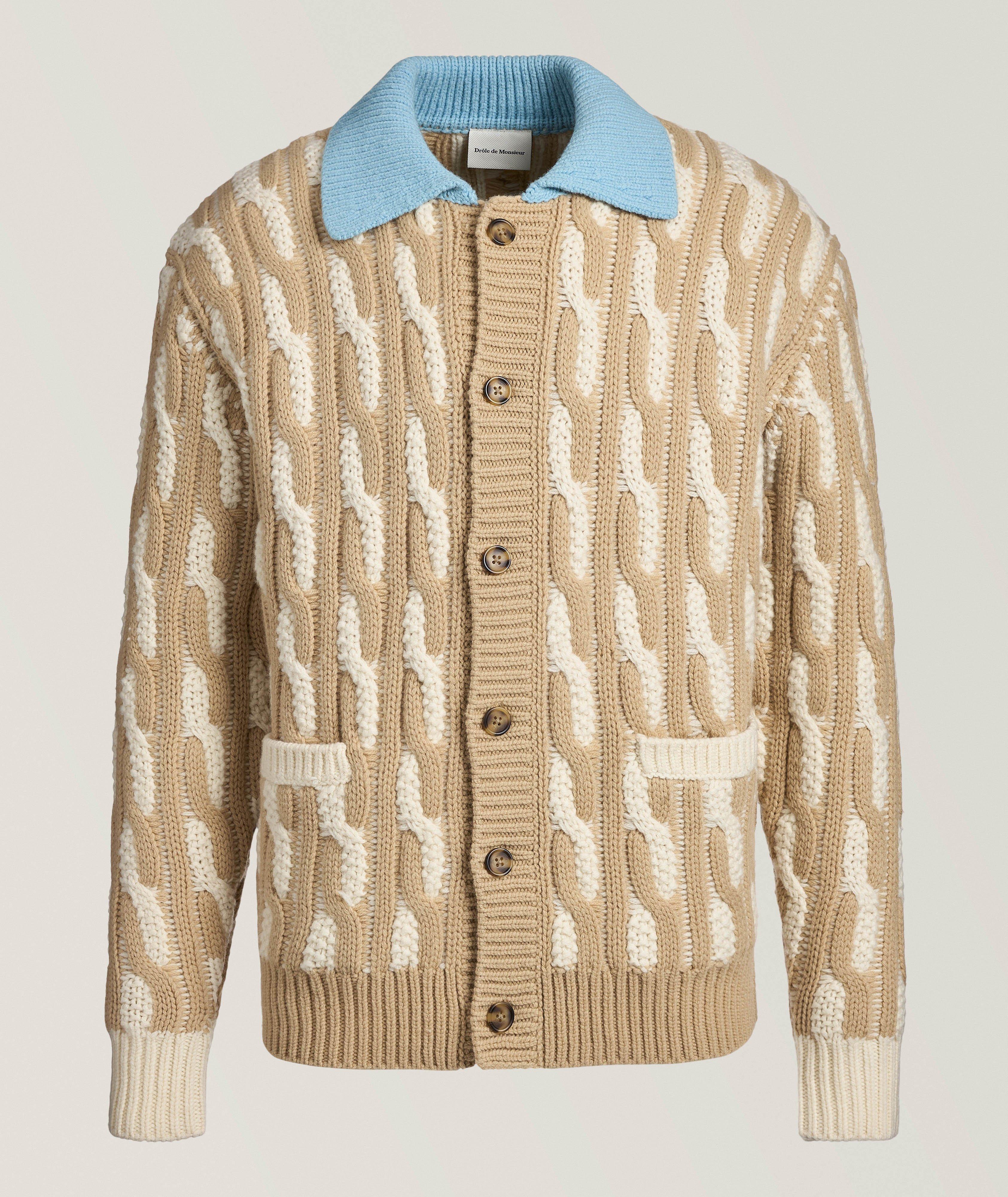 Contrast Collar Wool Cable Knit Cardigan image 0
