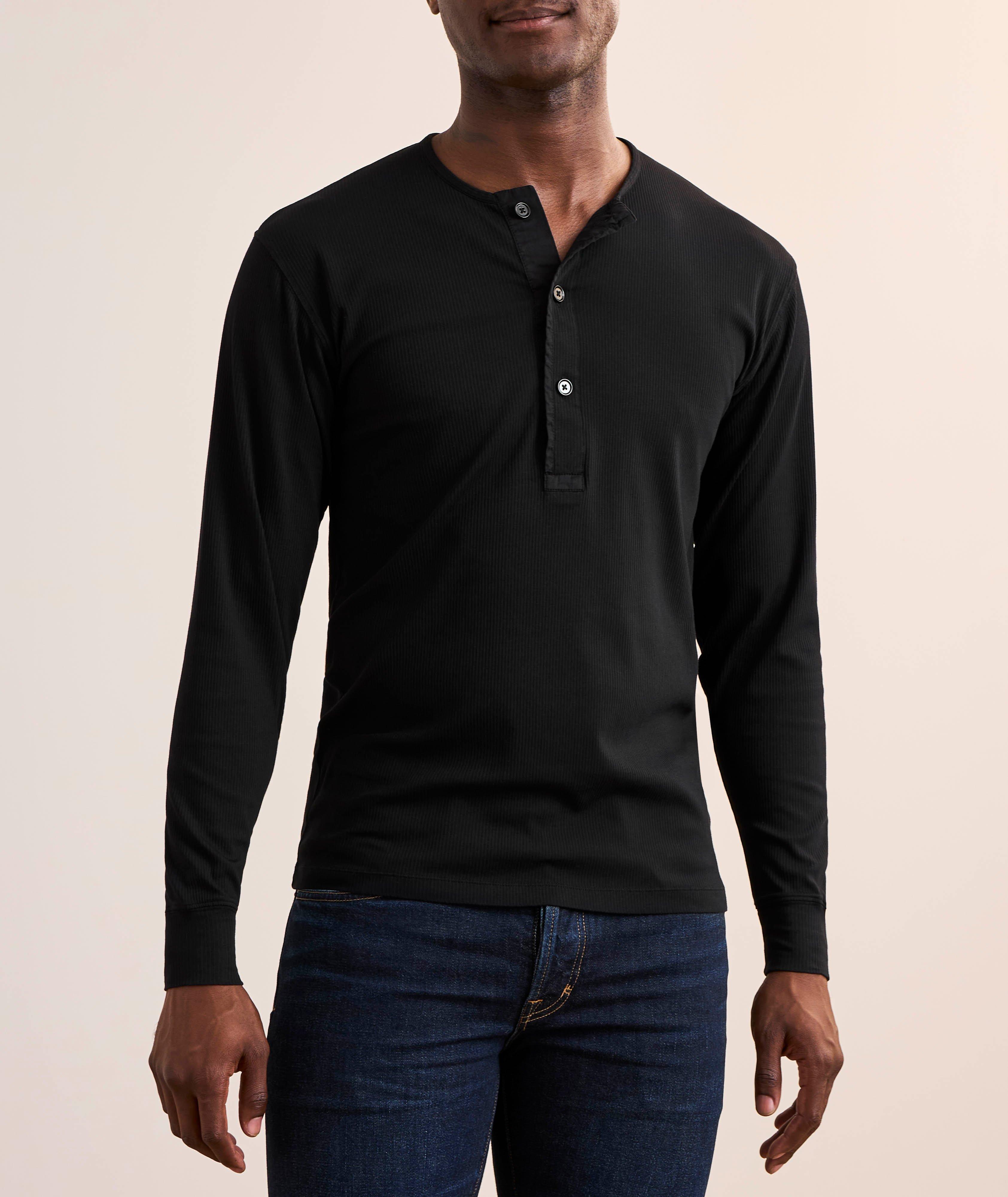 Ribbed Stretch-Cotton Henley Sweater image 1
