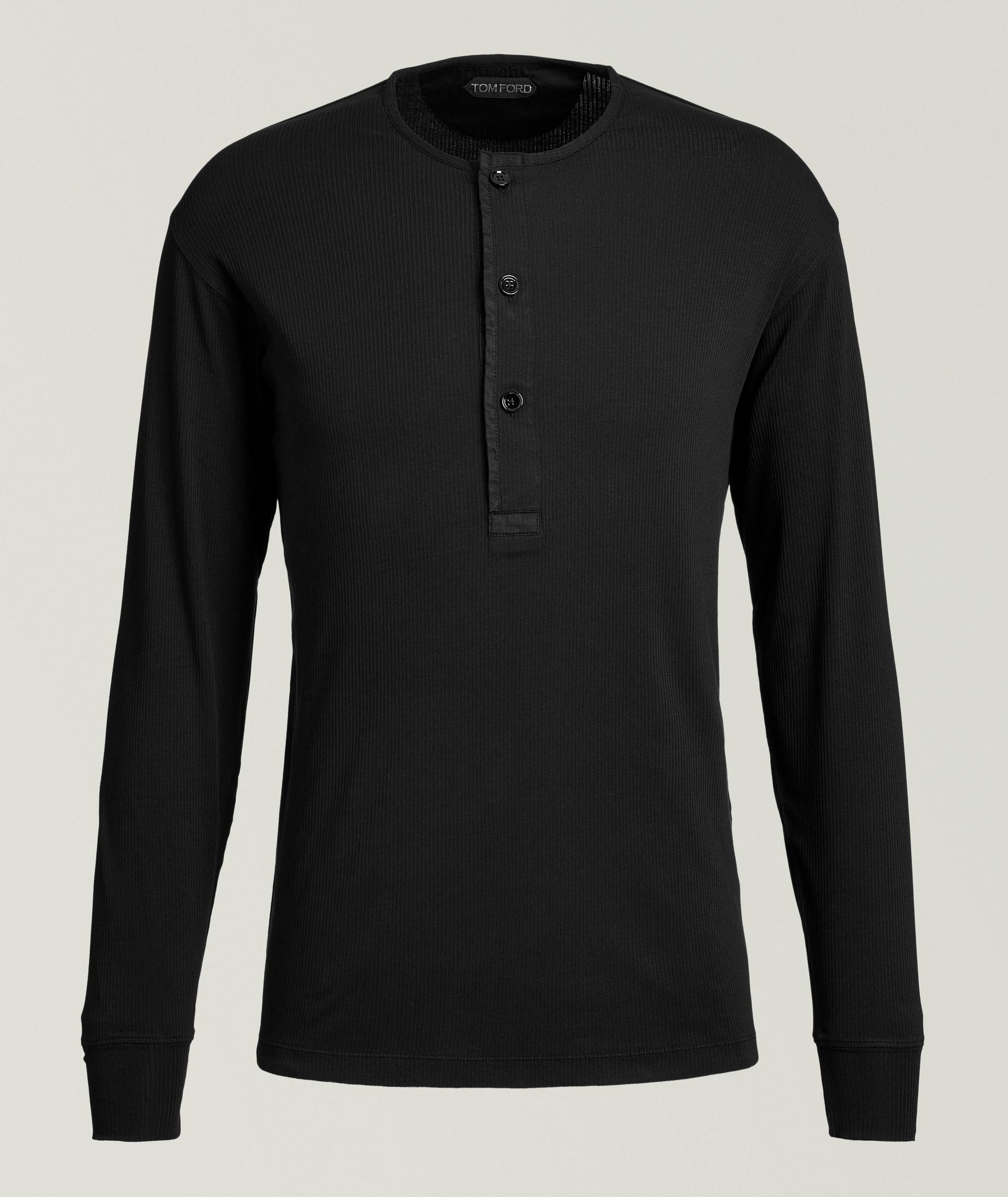 Ribbed Stretch-Cotton Henley Sweater image 0