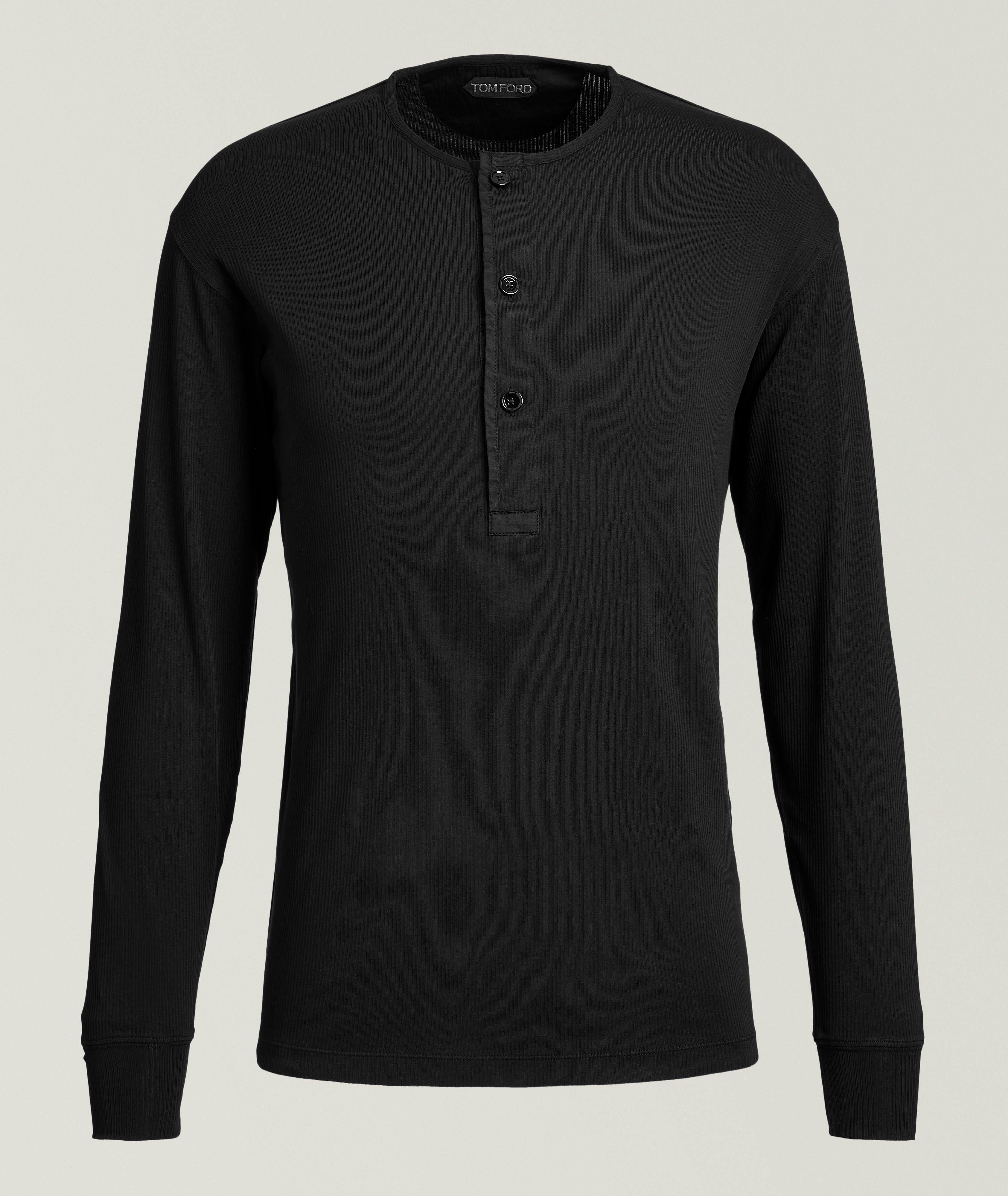 Ribbed Stretch-Cotton Henley Sweater image 0