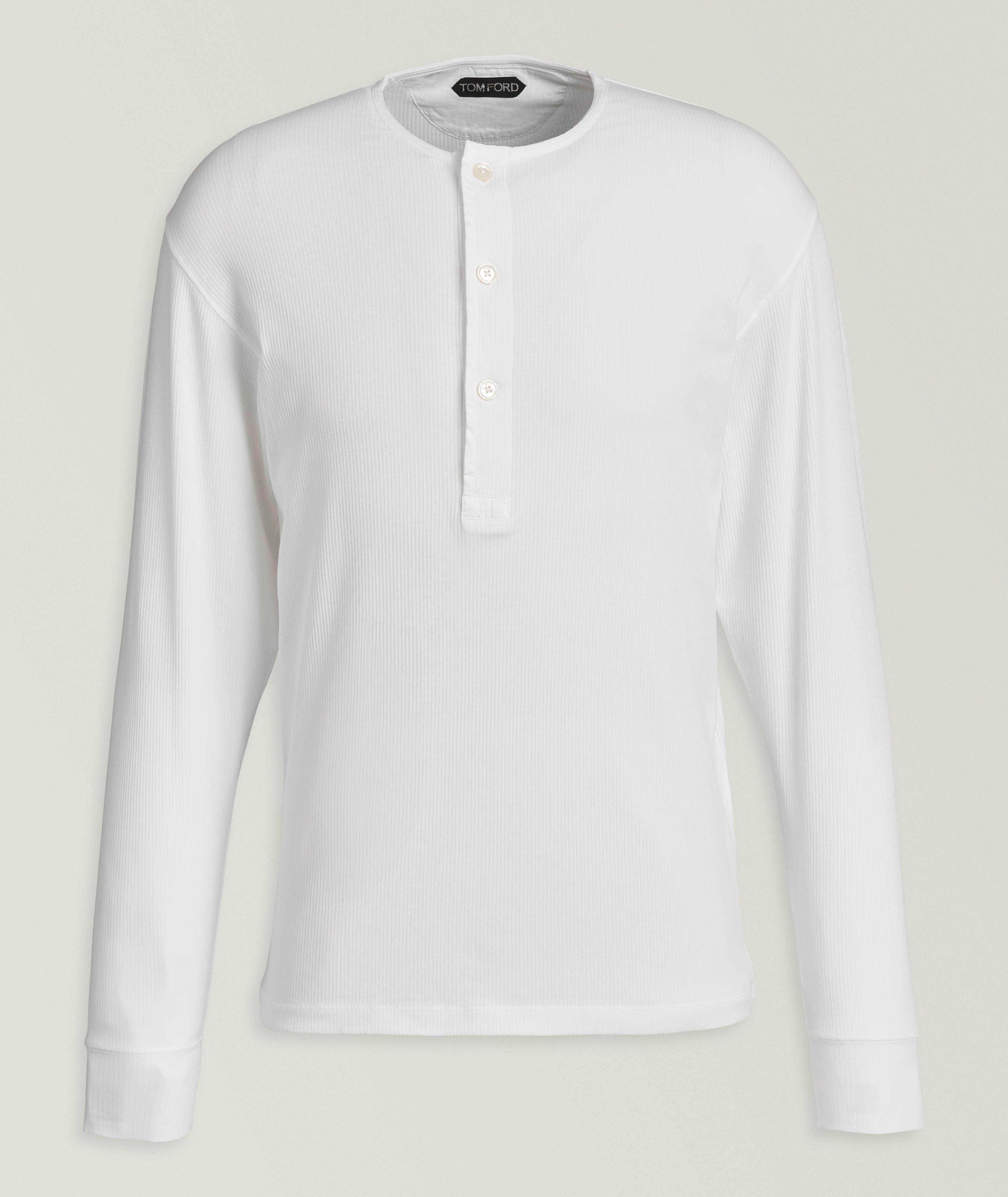 Ribbed Stretch-Cotton Henley Sweater image 0