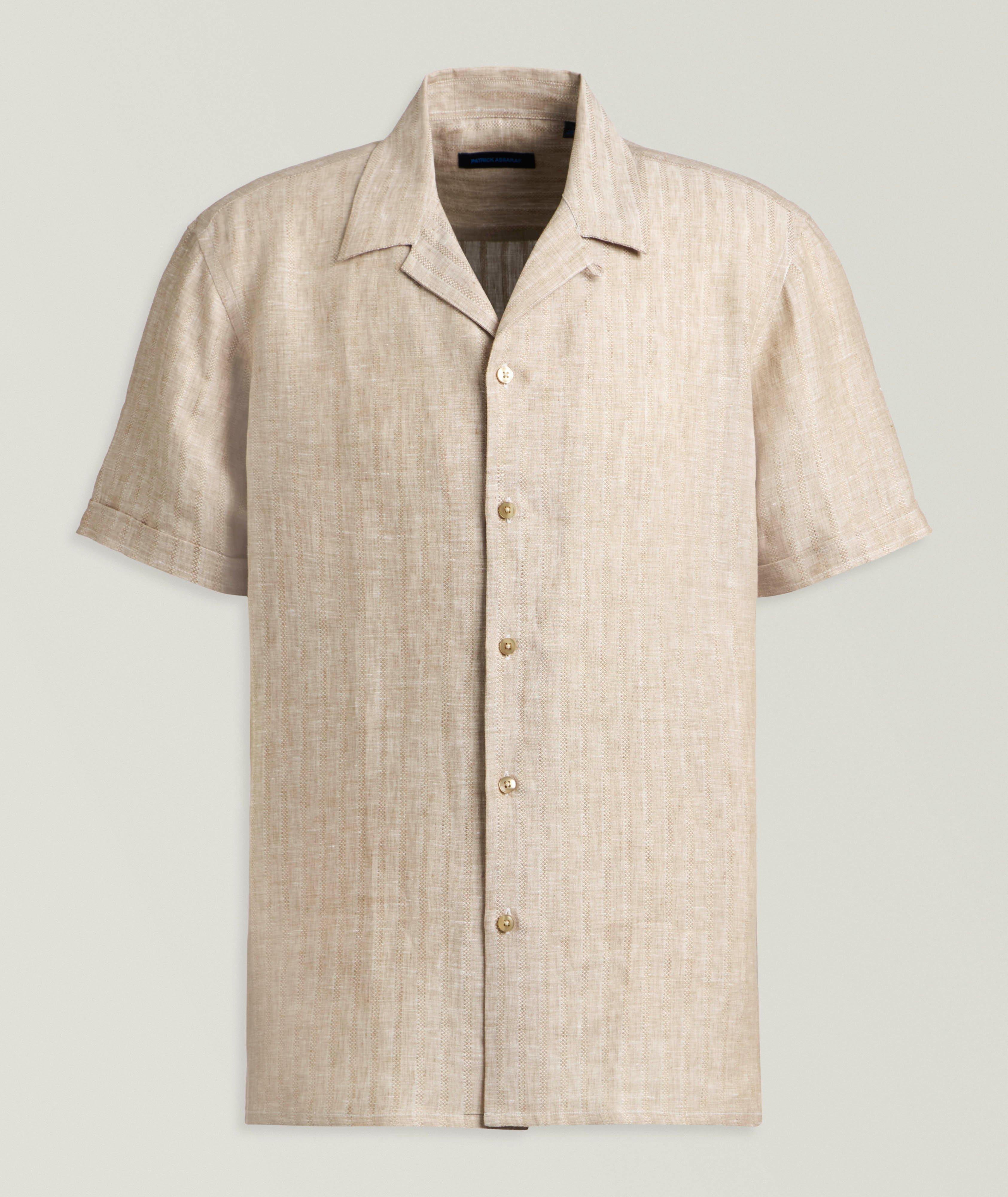 Patrick Assaraf Tonal Stripe Linen Camp Shirt